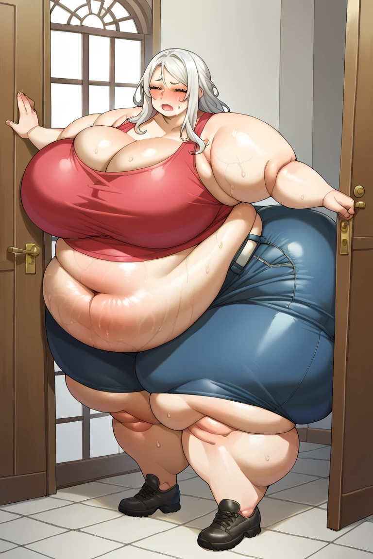 score_8_up, score_7_up, indoors, door, by mosho, 
BREAK
weight gain, bbw, backstuck, jammed, fat woman, morbidly obese, stuck in doorway, crop top, tight shorts, long white hair, elegant hair style, embarrassed facial expression, closed eyes, extremely wide thighs, huge bloated belly, fat rounded ass, massive natural breasts, bursting thighs, bursting butt, bursting belly, bursting breasts, blushing, sweating