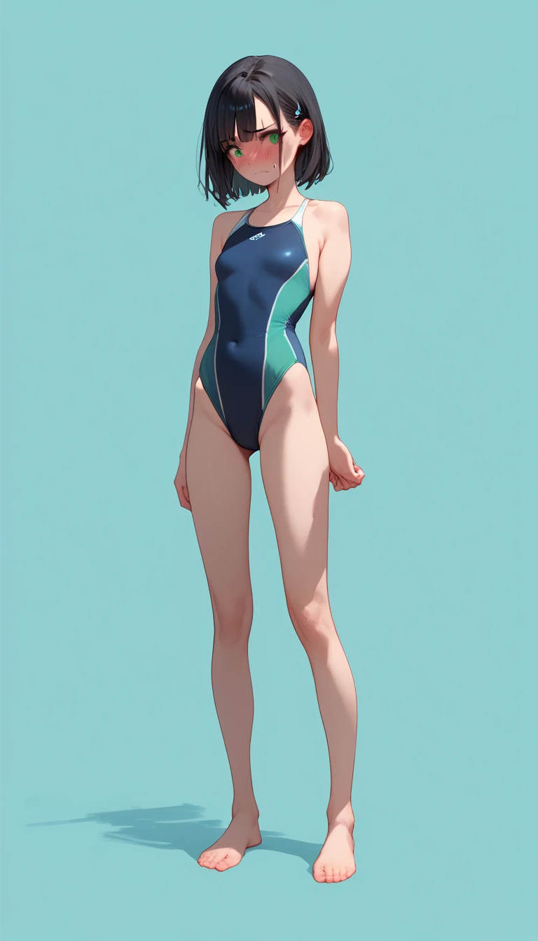  Slim Girl ,  black hair, Green Eyes, Small chest, She is wearing a swimsuit,  standing, full body,  simple background, body, Shy expression.