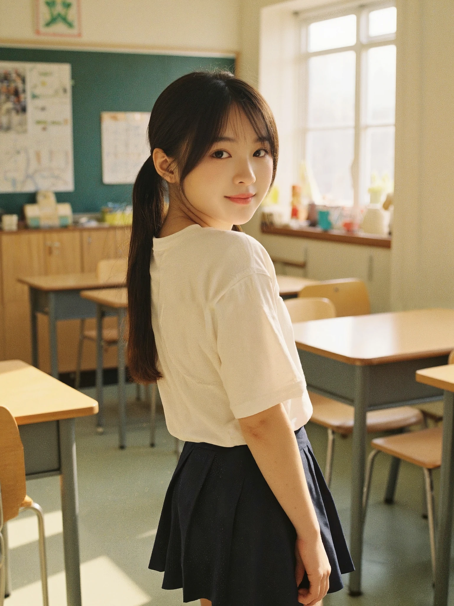 One Japanese beautiful girl、 、 miniskirt、 black hair、 ponytail、 white t-shirt、Classroom after school in the evening、 is short、smile、 and turn around