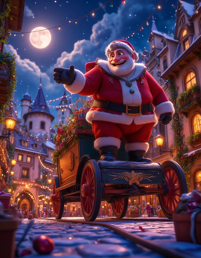 très détaillé, dynamique, cinématographique, superbe, réaliste lighting and shadows, vif, vibrant, rendu octane, Unreal Engine, très détaillé, concept art, réaliste, Moteur Cry, (dramatique, granuleux, intense: 1.4), Qualité Supérieure, 32k uhd, incroyablement détaillée, intricately detailed, ultra détaillé, Ultra High Quality, Détail élevé, ultra détaillé, chef-d'œuvre, Une scène d'animation 3D de style Disney magique de (énorme Santa musculaire Claus) chevauchant son traîneau, tiré par huit magnifiques rennes, survolant le ciel étoilé de la veille de Noël. énorme Santa musculaire, vêtu de son costume et de son chapeau rouges classiques, agite joyeusement la main alors qu'il se prépare à livrer des cadeaux aux ren du monde entier. Le traîneau brille avec de la poussière de magie dorée qui se répand derrière, ajoutant une lueur espiègle à la scène. [ci-dessous, une ville pittoresque est magnifiquement décorée de lumières de Noël festives, avec des toits et des arbres scintillant dans des couleurs chaudes. Les rues grouillent de petits détails lumineux de familles célébrant à l'intérieur. Le ciel nocturne est bleu foncé, parsemé d'étoiles scintillantes et de la douce lueur d'une lune en croissant, créant un sentiment de merveille et de chaleur. Le style est vibrant et coloré, capturant le charme et la magie d'une histoire de vacances animée par Disney.
