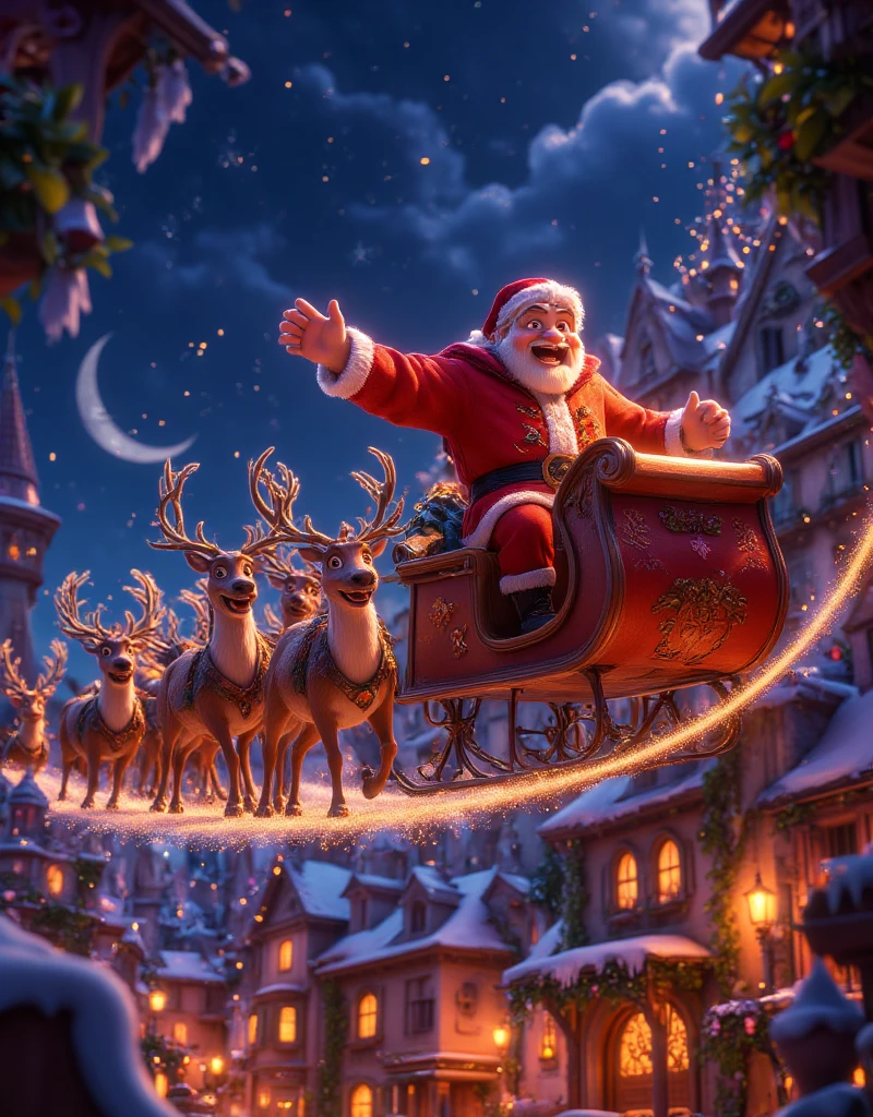 highly detailed, dynamic, cinematic, stunning, realistic lighting and shadows, vivid, vibrant, octane rendering, Unreal Engine, highly detailed, concept art, realistic, cry engine, (dramatic, grainy, intense: 1.4), highest quality, 32k uhd, incredibly detailed, intricately detailed, ultra detailed, ultra high quality, high detail, ultra detailed, masterpiece, A magical 3D Disney-style animation scene of (huge muscular Santa Claus) riding his sleigh, pulled by eight majestic reindeer, soaring high across a starry Christmas Eve sky. huge muscular Santa, dressed in his classic red suit and hat, waves cheerfully as he prepares to deliver presents to ren around the world. The sleigh sparkles with golden magic dust trailing behind, adding a whimsical glow to the scene. Below, a picturesque town is beautifully decorated with festive Christmas lights, with rooftops and trees shimmering in warm colors. The streets are bustling with tiny glowing details of families celebrating indoors. The night sky is deep blue, dotted with twinkling stars and the soft glow of a crescent moon, creating a sense of wonder and warmth. The style is vibrant and colorful, capturing the charm and magic of a Disney animated holiday story.