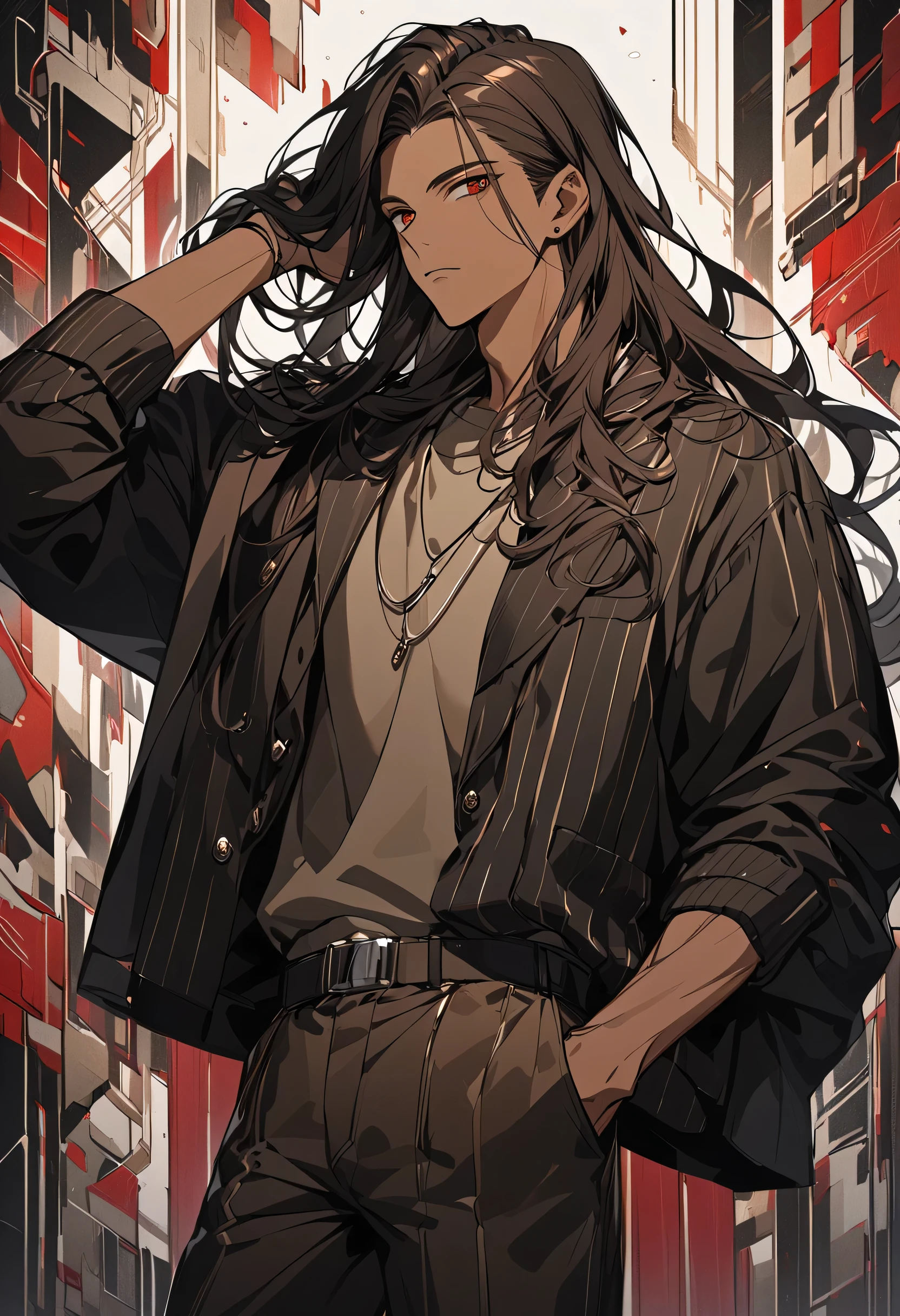 Create an artwork of a male human character with long hair blending deep red and dark brown colors. His skin should have a rich, dark brown tone. He should be dressed in a contemporary urban outfit, featuring modern and stylish elements. The character should exude a sense of confidence and charisma. The artwork should focus on smooth, detailed lines, capturing the texture of his hair and the fabric of his clothing. The background should be minimalistic to ensure the character stands out prominently."