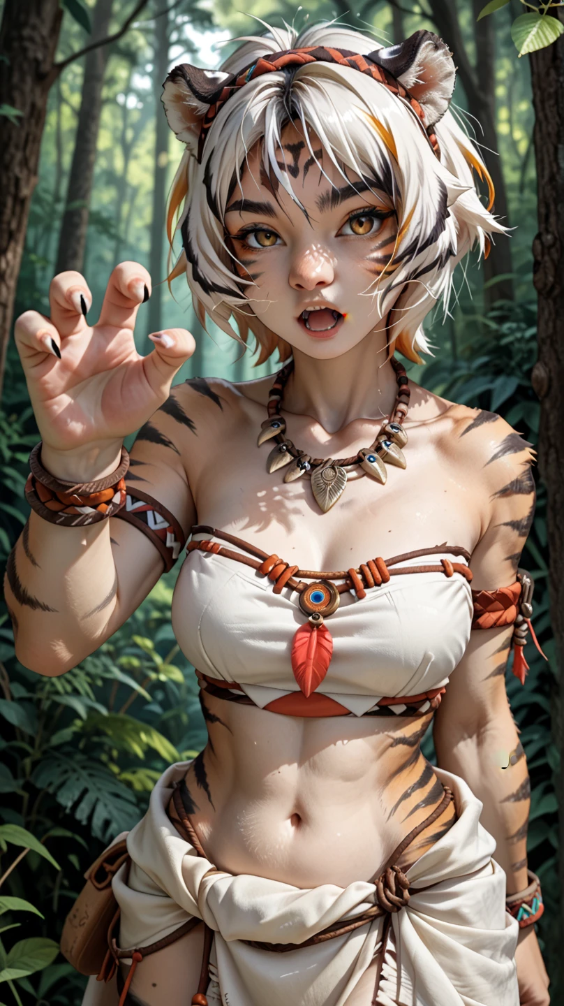 (zPDXL2), (PonyXLV6_Scores), Expressiveh, full body shot, BREAK
lhata4564, d3t41l3d, 
furry, ((white tiger)), 1girl, armband, bracelet, breasts, feathers,  forest,hairband, jewelry, looking at viewer, medium breasts, midriff, nature, navel, necklace, open mouth, sandals, solo, tribal, upper body,  short hair, two-tone hair, claw pose,