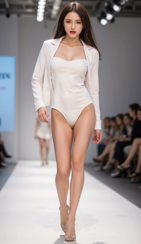 A stunning Russian model ,wearing diamond white bodysuit,  jacket , highlighter , lipstick,  long hair,A energetic French actress strutting down the stage at New York Fashion Week,A mediocre pair of high heels with simple detailing and a new ,