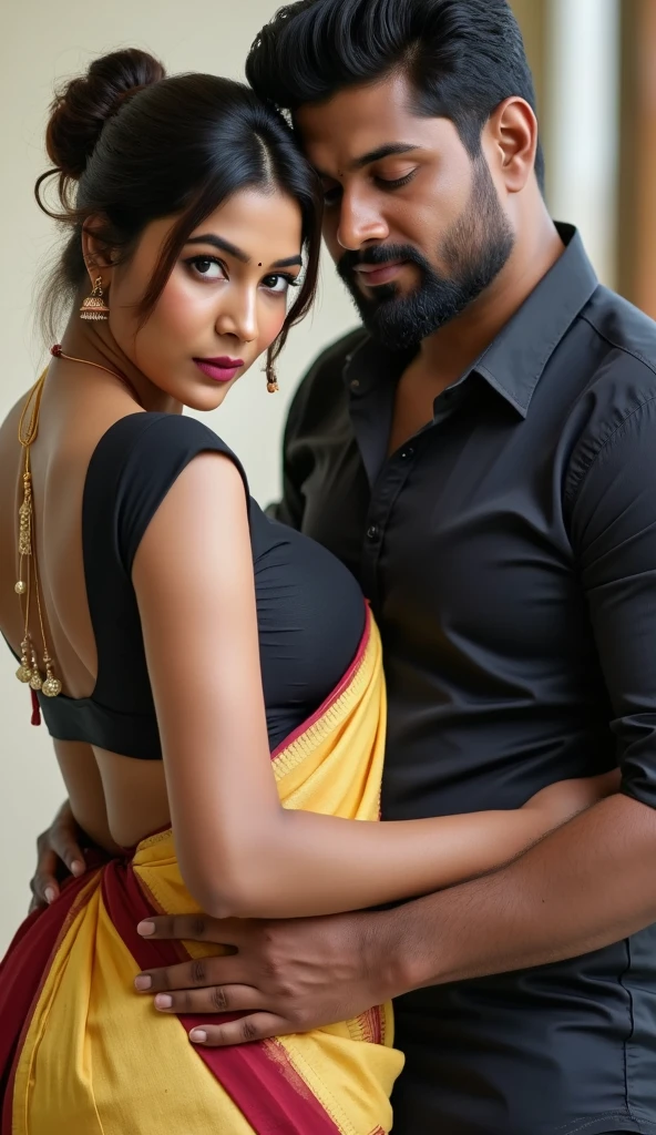 3 muscular very hary, handsome and attractive African man with sexy Indian married woman bit chubby wearing a saree Both are hugging pose. The woman is standing on the left side of the man. The man is pressing her ass ans navel In office. Hyper realistic image detail image. woman standing on left of the man with her navel visible. They are in office meeting room background