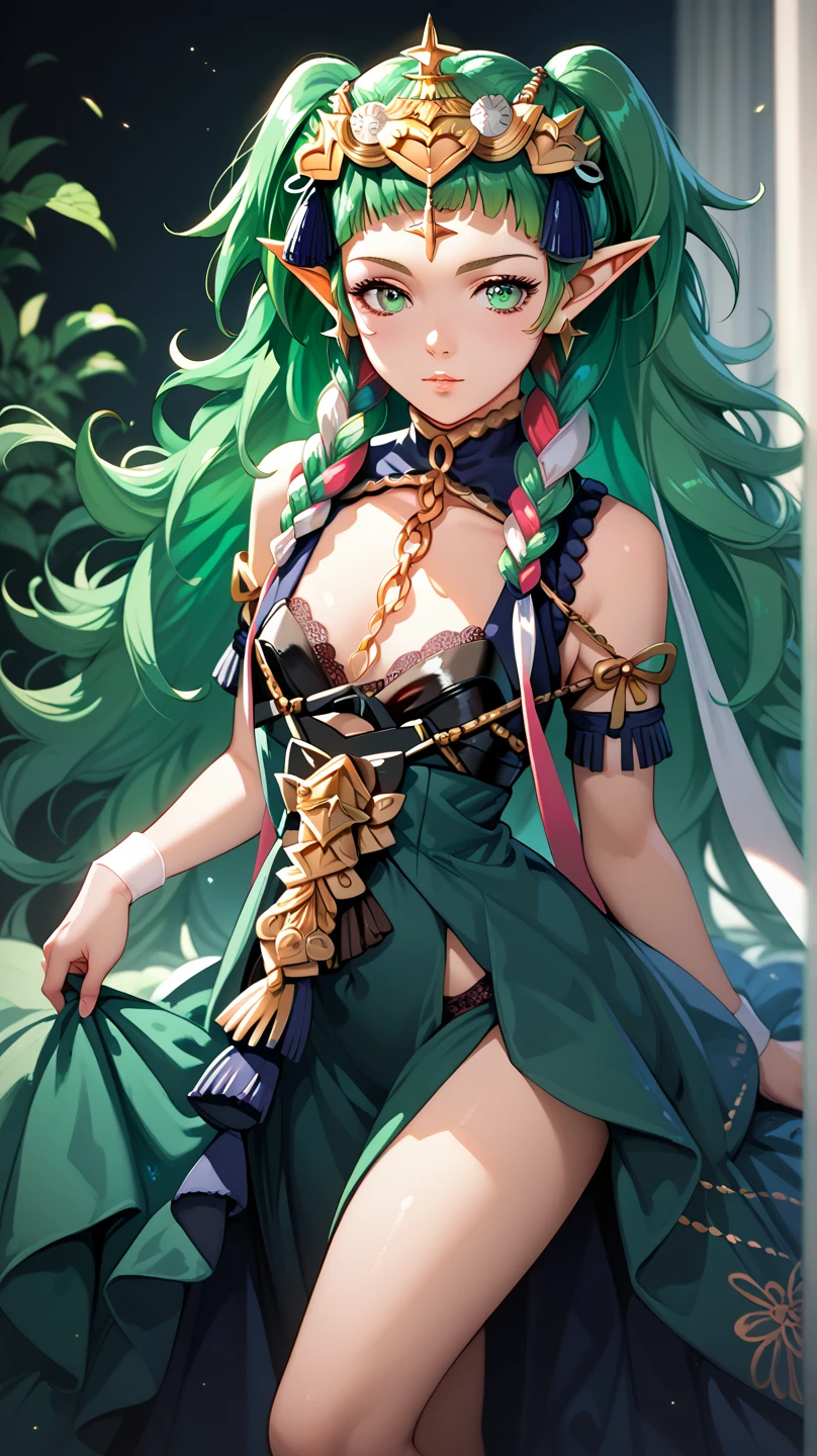  sexy lingerie, (one girls, one image),1girl, solo, Sothis, long hair, green eyes, pointy ears, dress, hair ornament, twin braids, green hair, tiara