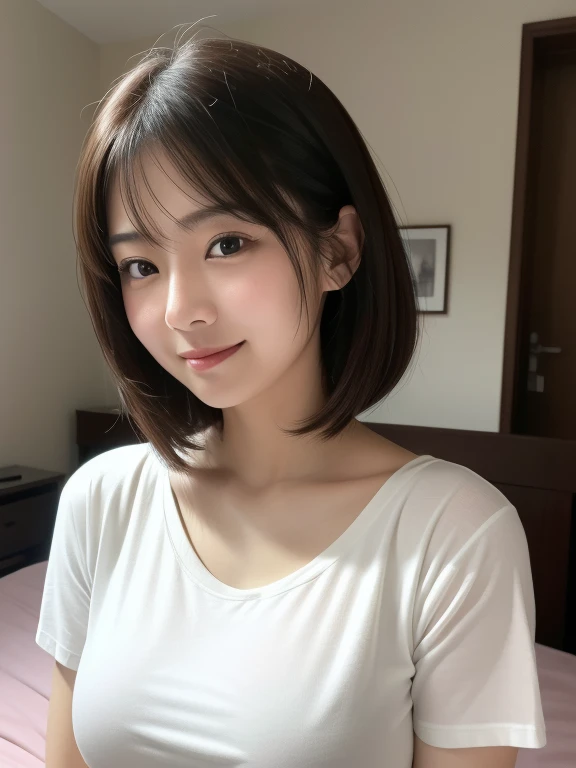 ((masterpiece))、(( top quality ))、  Unvolume 、reality、 high res、 Advanced Depth of Field 、 very detailed、 realistic lighting 、Married women、40 years old、 gentle face 、 short hair、 realistic background with accessories、 Big, Soft Breasts 、  Sexy Smile  、  seductive gaze  、 sexy lips、bedroom、  knight 、darkroom、((T-shirt that fits perfectly around the chest))、Wide angle、引き  Unvolume 、20mmWide angleレンズ、