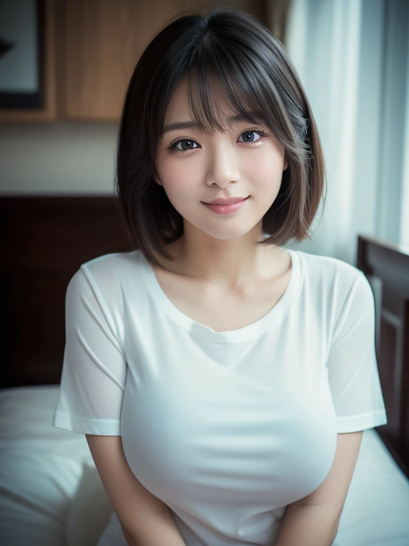 ((masterpiece))、(( top quality ))、  Unvolume 、reality、 high res、 Advanced Depth of Field 、 very detailed、 realistic lighting 、Married women、40 years old、 gentle face 、 short hair、 realistic background with accessories、 Big, Soft Breasts 、  Sexy Smile  、  seductive gaze  、 sexy lips、bedroom、  knight 、darkroom、((T-shirt that fits perfectly around the chest))、Wide angle、引き  Unvolume 、20mmWide angleレンズ、