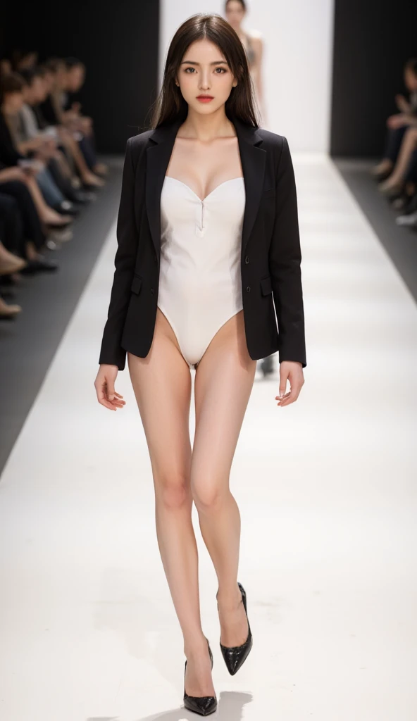 A stunning Russian model ,wearing diamond white bodysuit, black jacket , highlighter , lipstick,  long hair,A energetic French actress strutting down the stage at New York Fashion Week,A mediocre pair of high heels with simple detailing and a new ,