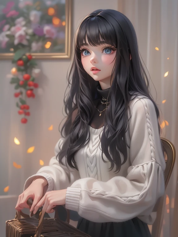 Hyper-realistic,photorealistic,a beautiful young girl, **歳、detailed face, 唇は厚い、つやつやした唇、long black hair, オフショルダーwhite sweater,  amazing high definition painting