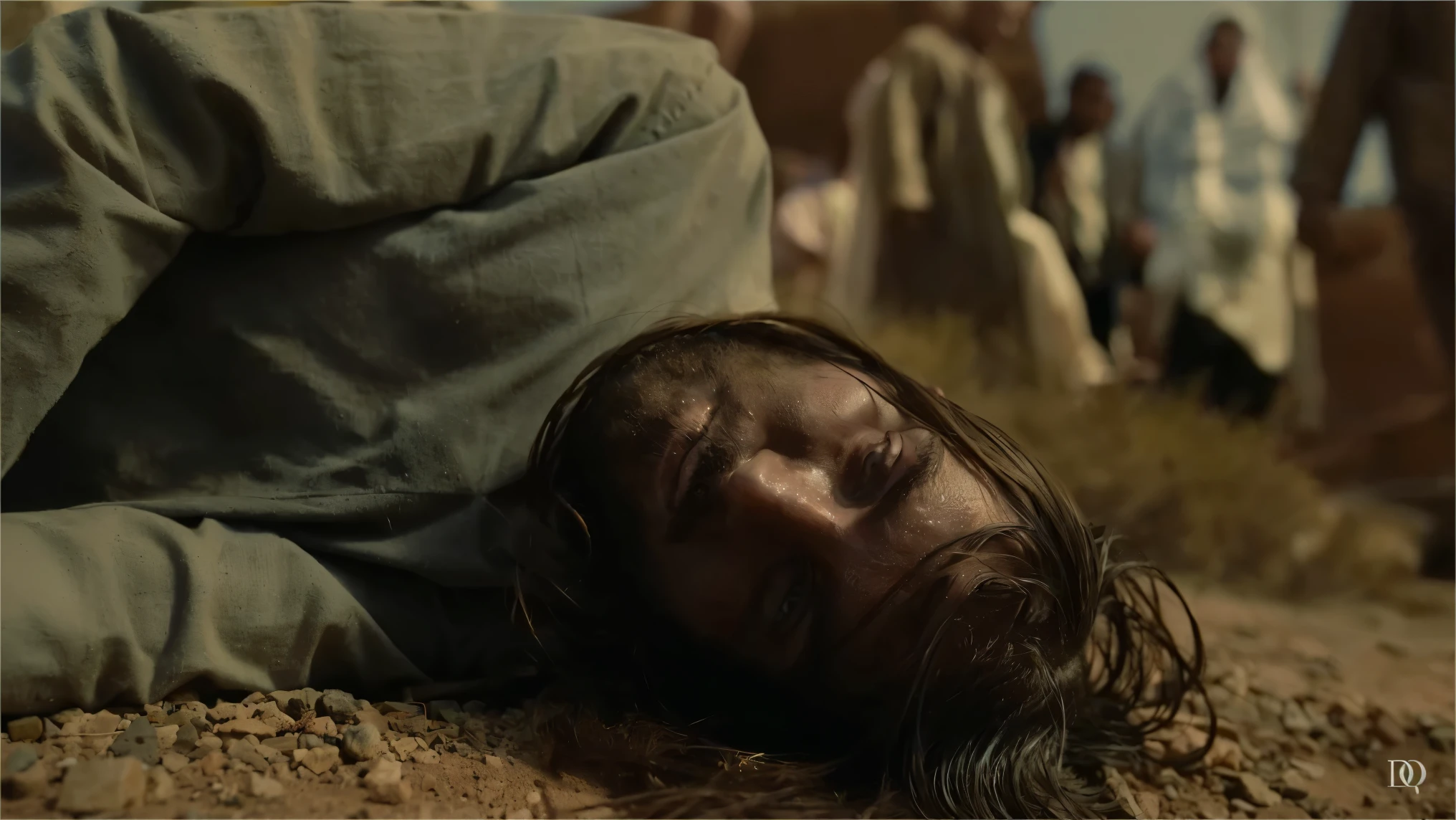Man dressed in white, lying on the ground facing the sky, completely drentched in blood. 