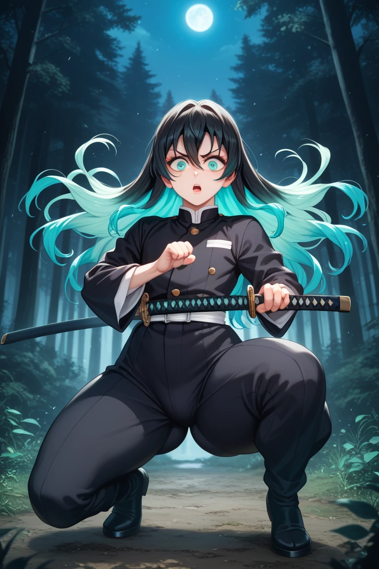 Femboy, muichirou_tokitou, black hair, aqua eyes, long hair, bangs, hair between eyes, sidelocks, multicolored hair, two-tone hair, gradient hair, aqua hair, demon slayer uniform, holding katana, dark forest, night, shocked expression, short, full body, front view, beware pose, front view, serious gaze, humongous ass, gigantic butt