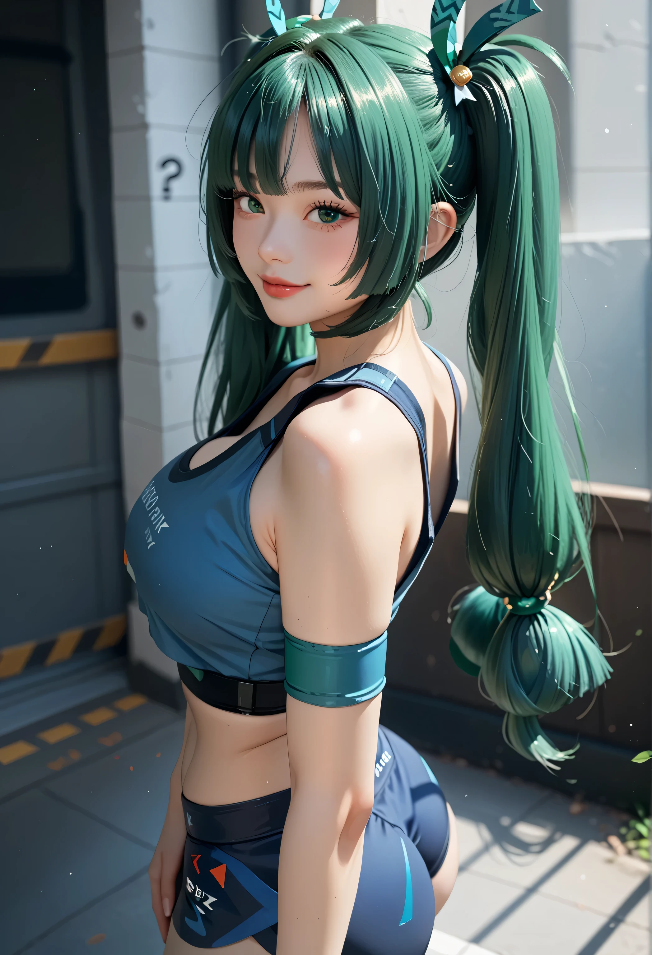 score_9_up,score_8_up,score_7_up,ZZZ_QY,1girl,solo,
green eyes, big breasts, sexy smile, looking at the viewer  best quality, green hair, twintails, long hair, navel, close-up, blue midriff, full body, showing your ass.