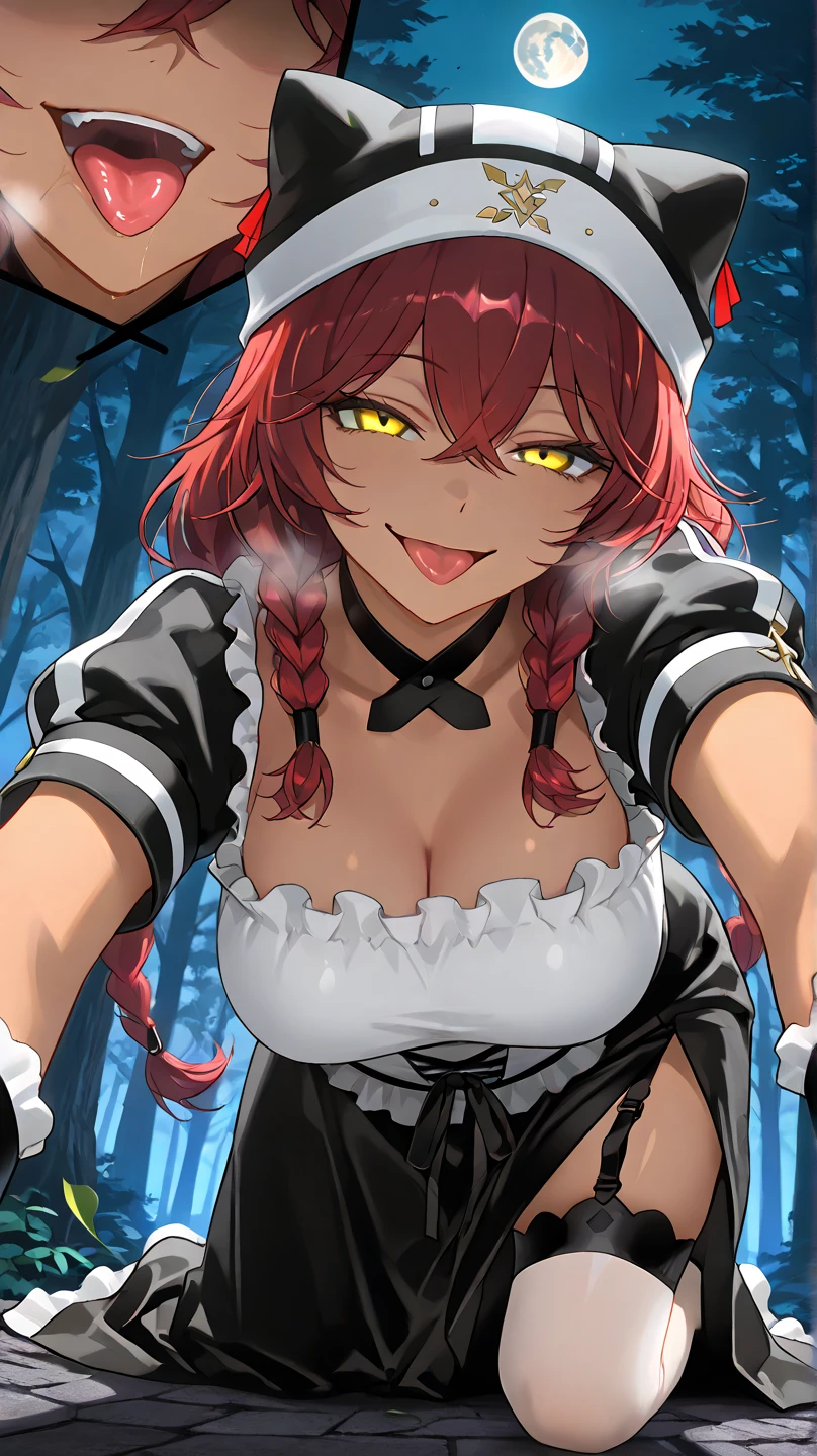 ,  High Quality , 最 High Quality , masterpiece,  high res, detailed face , anatomically correct, 
 yellow eyes,  red hair,  braids,,  wearing a black beast ear hat , 1 girl, solo, Dark Skin, brown skin, adult woman, Beautiful Women,Beauty,
In the forest deep in the mountains,Forest,tree,street, moon,Multiple leaves are falling

Black Maid Outfit , short sleeve/gauntlet,  white knee-high ,  choker , black long skirt, Long Skirt Underneath Garter Belt,

 close-up, from your hand and direct your gaze, Medium build,accurate, slightly larger breasts,
smile, ecstatic expression beside the piano,excited,  open her mouth ,mischievous personality , seductive smile,Her eyes are frowning ,Up to the thighs,Draw her in a larger size,Crazy look, mischievous face , smirking, stick out your tongue,Bad face,Viewers are being bullied ( sadist),Enjoying bullying
angle from below, lower angle , on all fours,Sit down
I'm staring at me , frowns, staring with thin eyelids,Eyes on garbage, contemptuous eyes ,  protrudes from the screen,  part of the picture sticks out of the frame,  rough breathing, Attacking Viewers 
