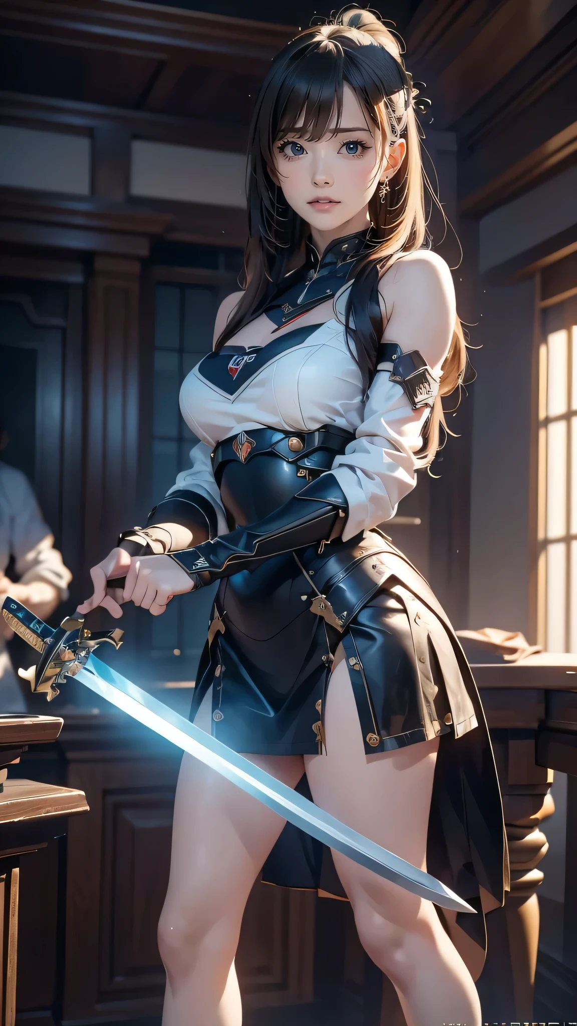 high resolution、Great quality、High resolution、4K、Fantasy girl with light brown hair、16 years old, The chest is a huge chest、Side boo boo, Exposed lower abdomen, Thin pubic hair, Slender figure, There are lots of folded decorations、Pantyhose that are slightly see-through、Medieval RPG-style outfit with exposed skin、(Close-up portrait of a person holding a large sword:1.4),  high quality character design, Great character design, Female Knight, Interesting character design, RPG Characters,, Female protagonist 👀 :8, Armor Girl, Full body character design，Full body shot in gravure pose、Exposing the breasts、Erotic、Biologically correct,