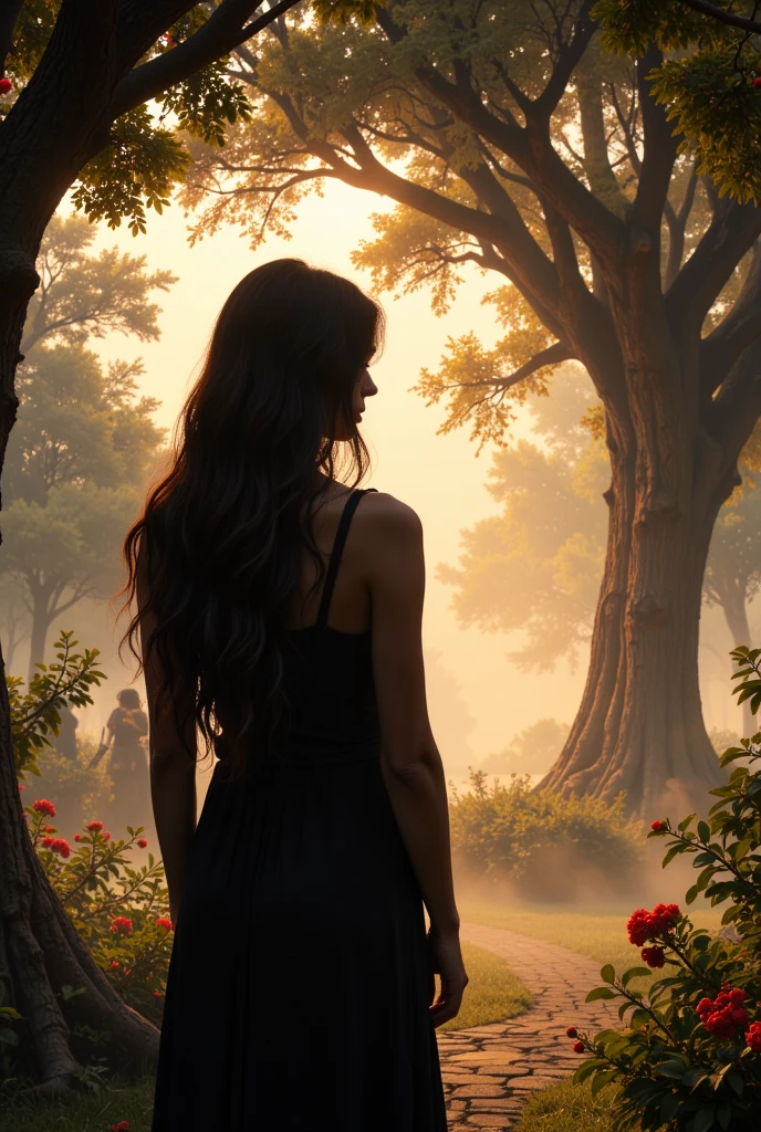 A female silhouette from the back, with long, loose hair, highlighted against the backdrop of a celestial garden illuminated by a soft golden light. In the background, leafy trees and an imposing tree with bright red fruits. The environment is shrouded in an ethereal mist, creating an air of mystery and wonder