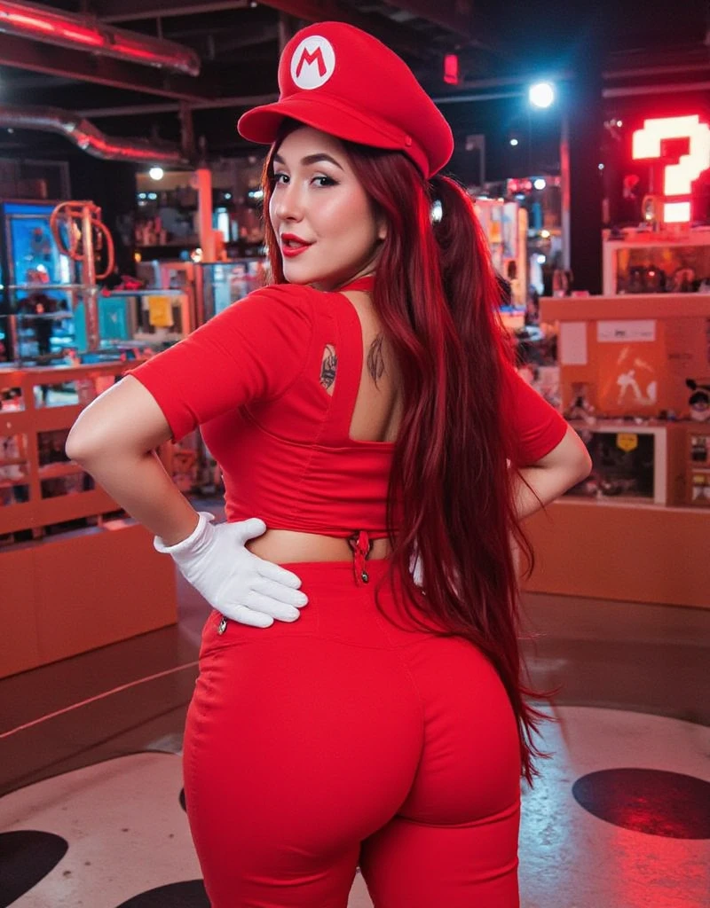 Diana Zambrozuski, Mario Bros cosplay, cleavage, neckline, back view, round butt, 