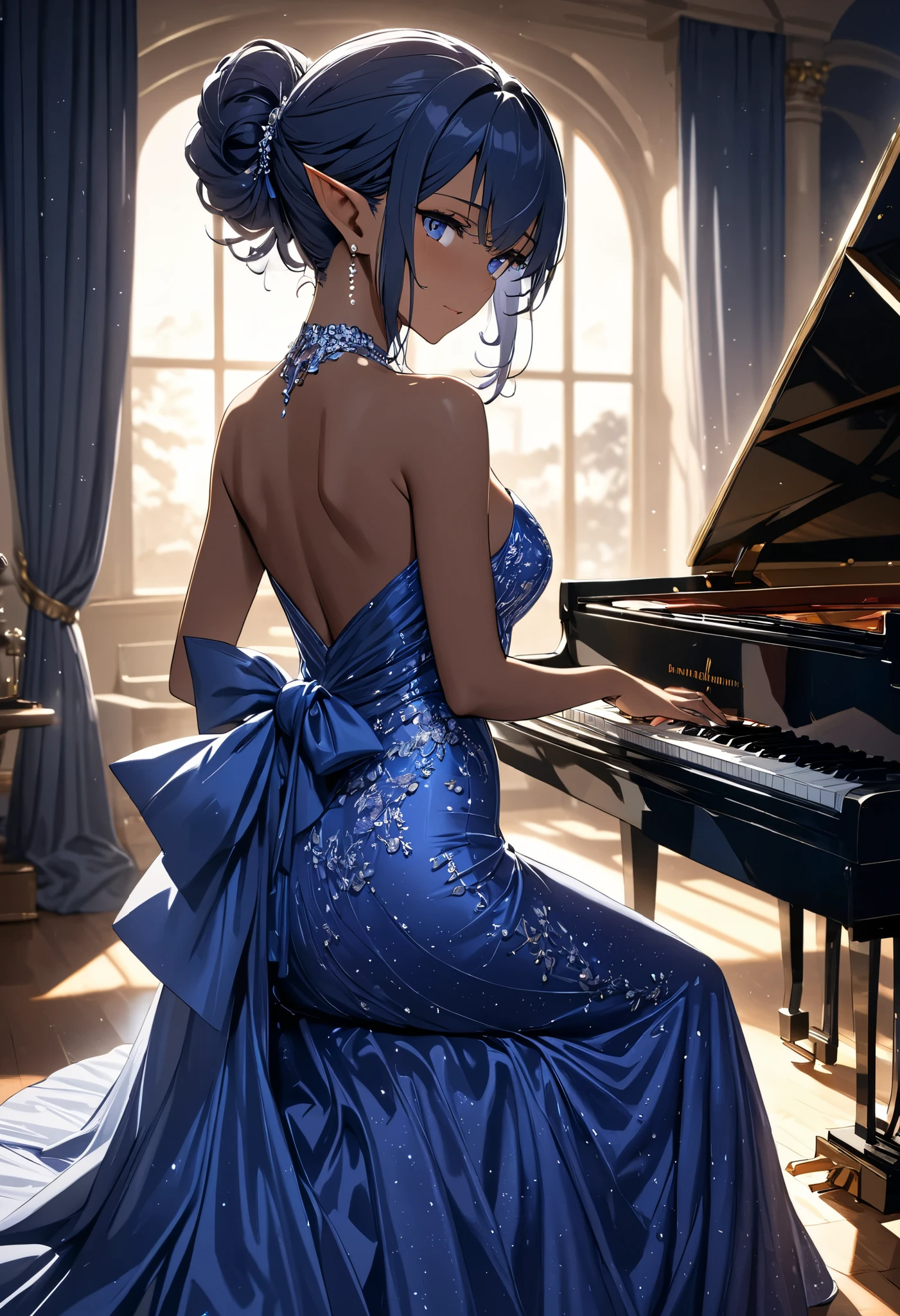 ((Best quality, 8k, Masterpiece: 1.3)), Sharp focus A beautiful woman with perfect body, Highly detailed face and skin texture, (Detailed eyes), dark blue hair, tied hair, jewelry, pointy ears, cinematic lighting, backlighting, pianist, grand piano, playing piano, Playing Beethoven's "Moonlight", concert venue, Evening gown, dress, Silk costume, Solo Performance, Quiet atmosphere, moonlight pouring in through the window, at night, tanned skin, dark skin