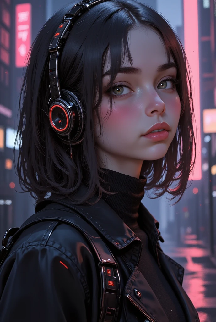 Concept art by Pino Daeni, digital anime, beautiful woman with middle length black curly hair, headphones, neon realism, postmodern portrait, layered street scenes, precision art, gadgetpunk, eerily realistic, visual realism
