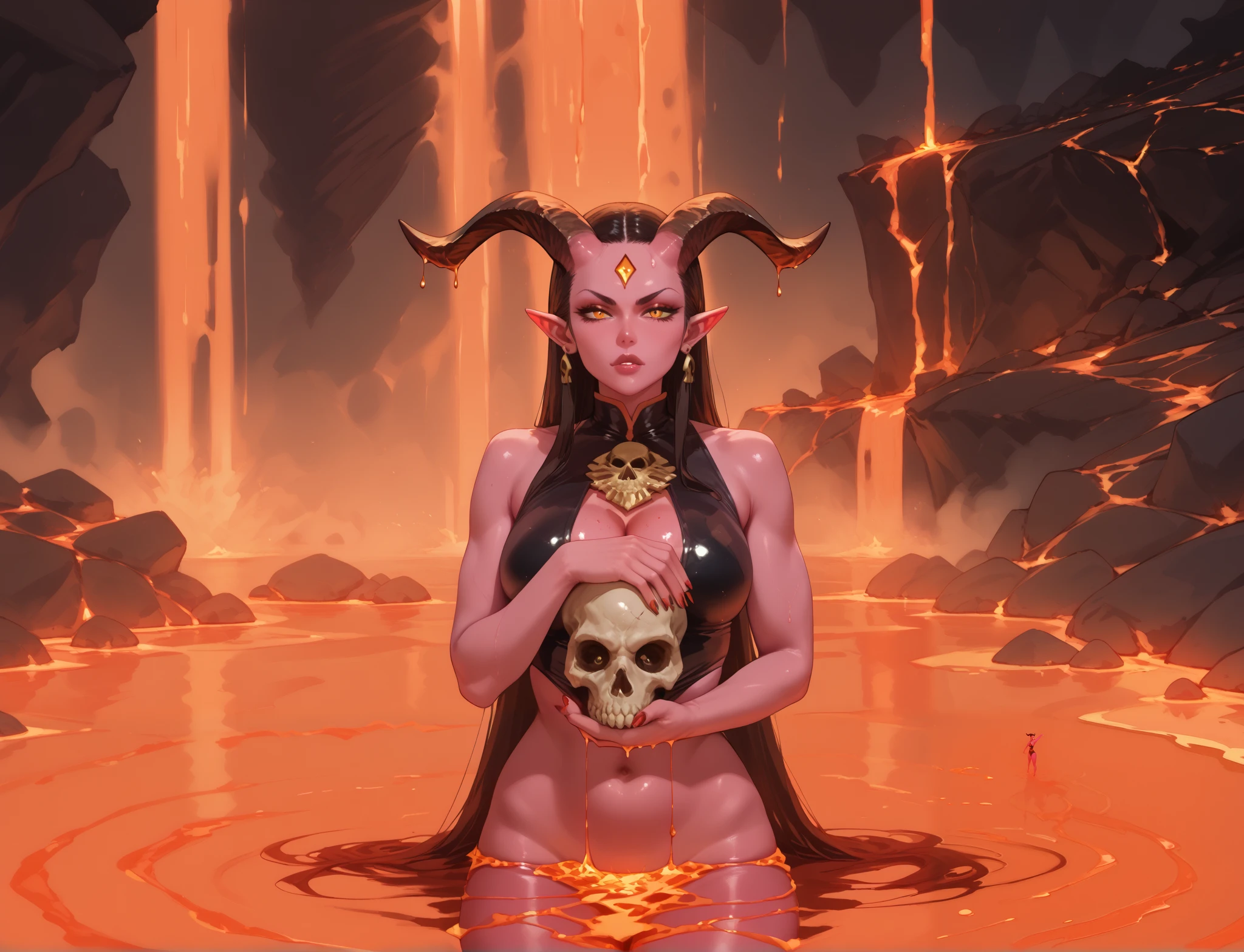 девушка demon, demon, девушка demon в лаве.  girl with a skull in her hands, lava flows from the skull ,  skull in hands , lake in lava , horns, pink skin,  tight , Pointed ears,  magic stone in the chest and forehead. Arrogant,  lava flows from the skull 