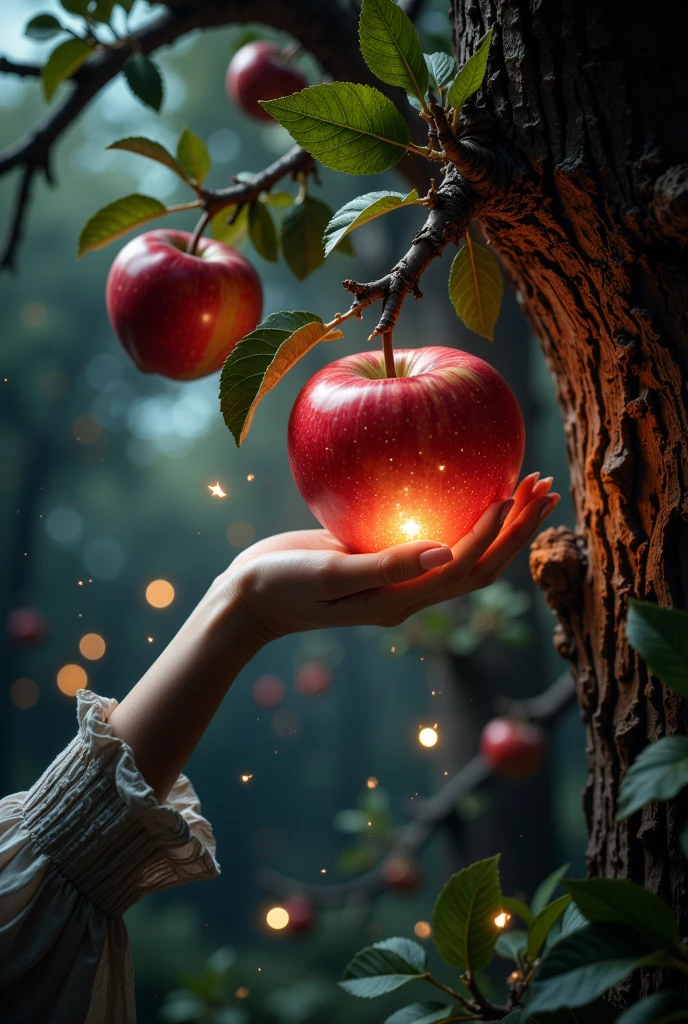 a female hand reaching out to touch an apple to a towering tree. The light is focused on the fruit, which emanates a seductive glow, while the background is blurred, suggesting a magical and mysterious ambience. 