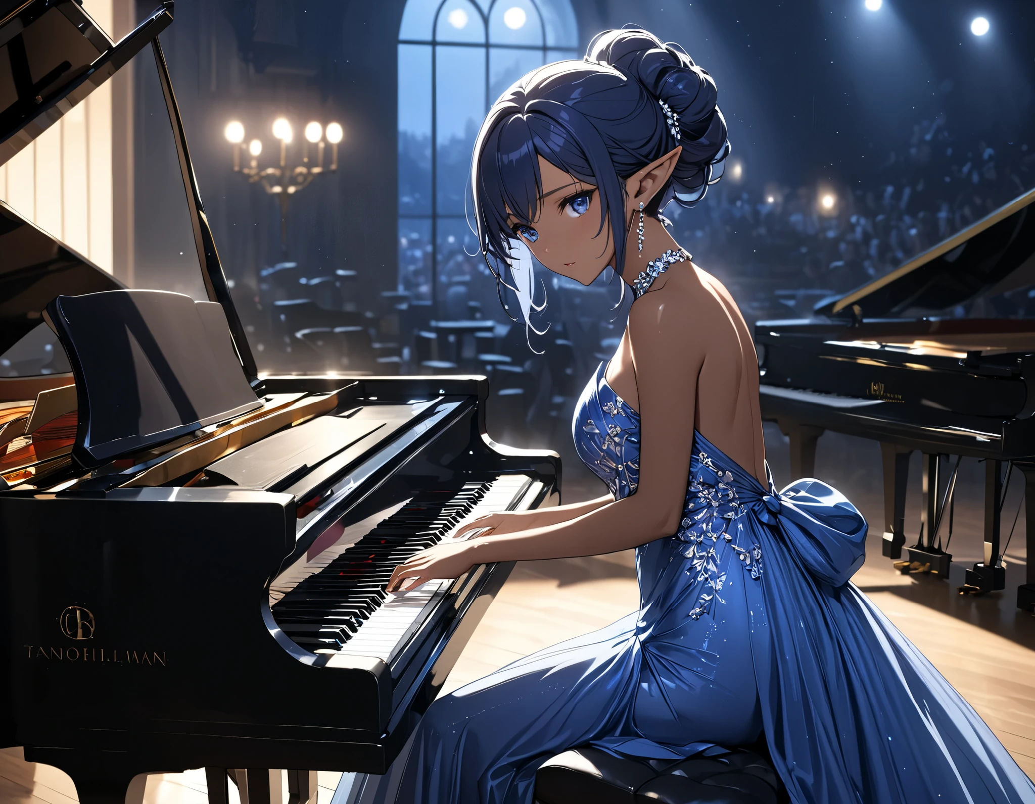 ((Best quality, 8k, Masterpiece: 1.3)), Sharp focus A beautiful woman with perfect body, Highly detailed face and skin texture, (Detailed eyes), dark blue hair, tied hair, jewelry, pointy ears, cinematic lighting, backlighting, pianist, grand piano, playing piano, Playing Beethoven's "Moonlight", concert venue, Evening gown, dress, Silk costume, Solo Performance, Quiet atmosphere, moonlight pouring in through the window, at night, tanned skin, dark skin