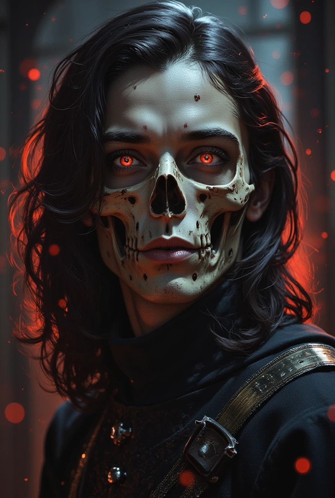 skeleton beauty, whimsical by Russ Mills by, dark spooky background, male warrior, skull, bones, ruby, long wavy hair, picturesque, cute, charming, beautiful, 8k concept art portrait by Greg Rutkowski, Artgerm, WLOP, dynamic Alphonse Mucha Lighting super-detailed, intricately detailed burst popular on Artstation, process colors, Unreal Engine 5, volumetric lighting, gothic, high-res, close-up portrait, ambient light, Nikon 15mm f/1.8G, Lee Jeffries, Alessio Albi, Adrian Kuipers , Victorian, glamorous, intricate and detailed surroundings, lace, spots, watercolor dark background, Masterpiece, Royo, ornate, depth