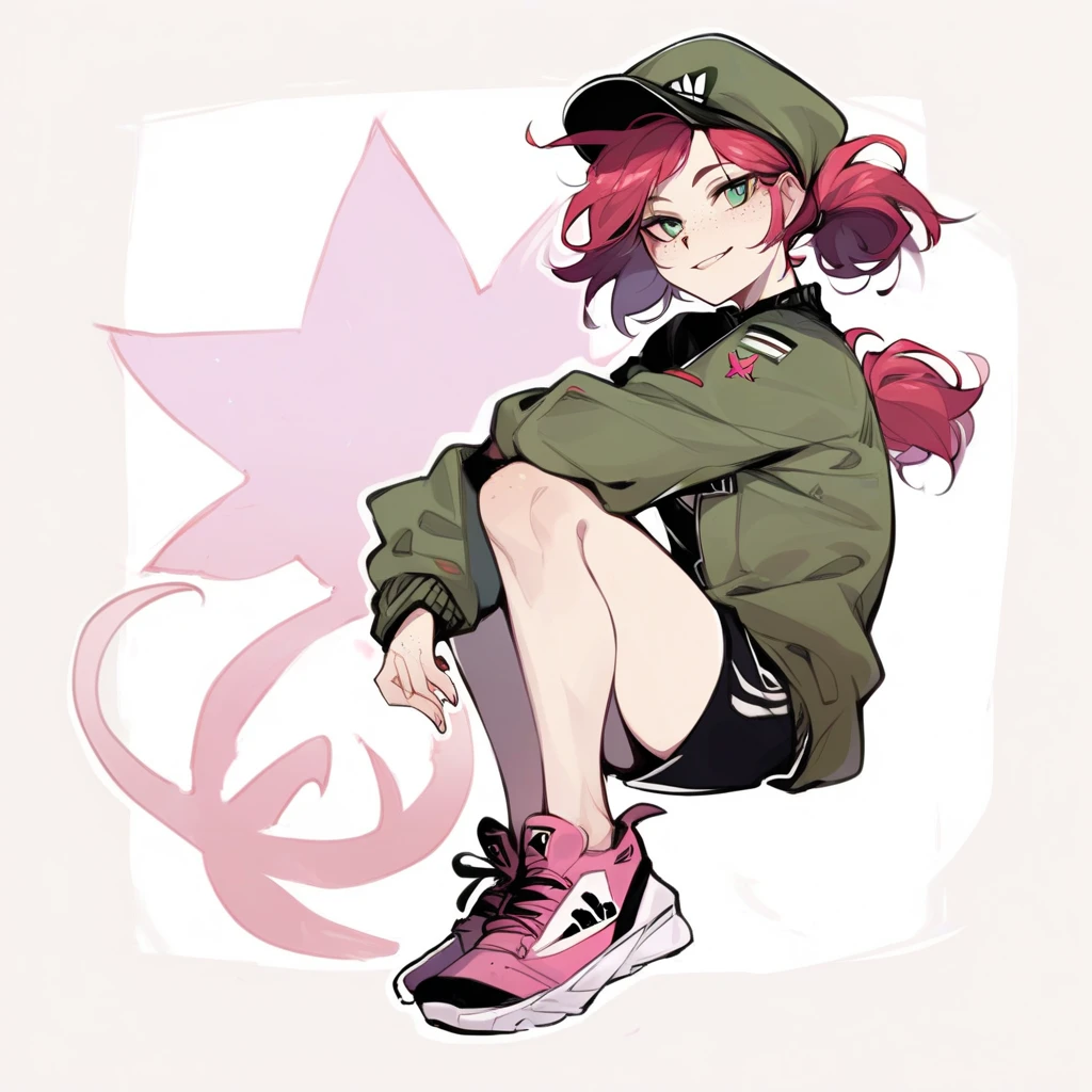 
 red hair ,  green eyes , pink military uniform ,  pink military hat,  pale skin, freckles, adidas sneakers ,  two purple cat tails,  smiles.