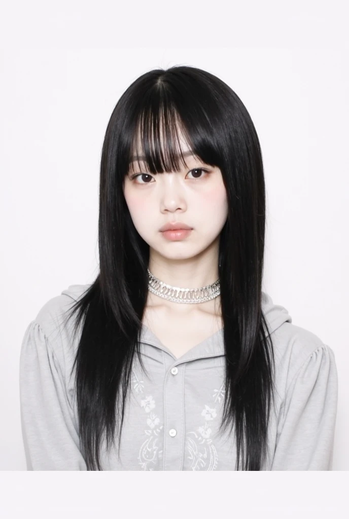 arafed woman with long black hair wearing a white shirt and a pink rose ring, she has black hair with bangs, with bangs, ulzzang, with full bangs, portrait of jossi of blackpink, cruel korean goth girl, jossi of blackpink, sun yunjoo, lalisa manobal, neat hair with bangs, lalisa manoban of blackpink