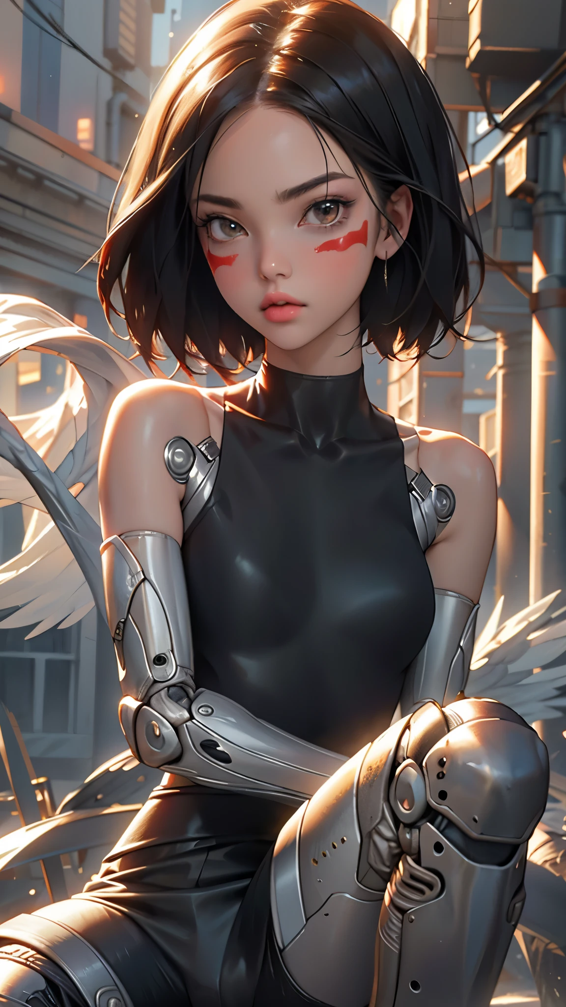 1 girl, (masterpiece:1.3), high res), (8k), ( extremely detailed), (4K), ( pixib), perfect face, lovely eyes and face , ( top quality ), ( super detailed ), detailed faces and eyes, (Alone), textured skin , absurd, high res, you can, red pigment , Bare shoulders, Mechanical Arm,(Mechanical Hand:1.1), robot , Facial markings, ( bodysuit), (underpants) , cyberpunk, brown eyes, black hair, short hair, viewers, crouching , City lights, Cityscape,