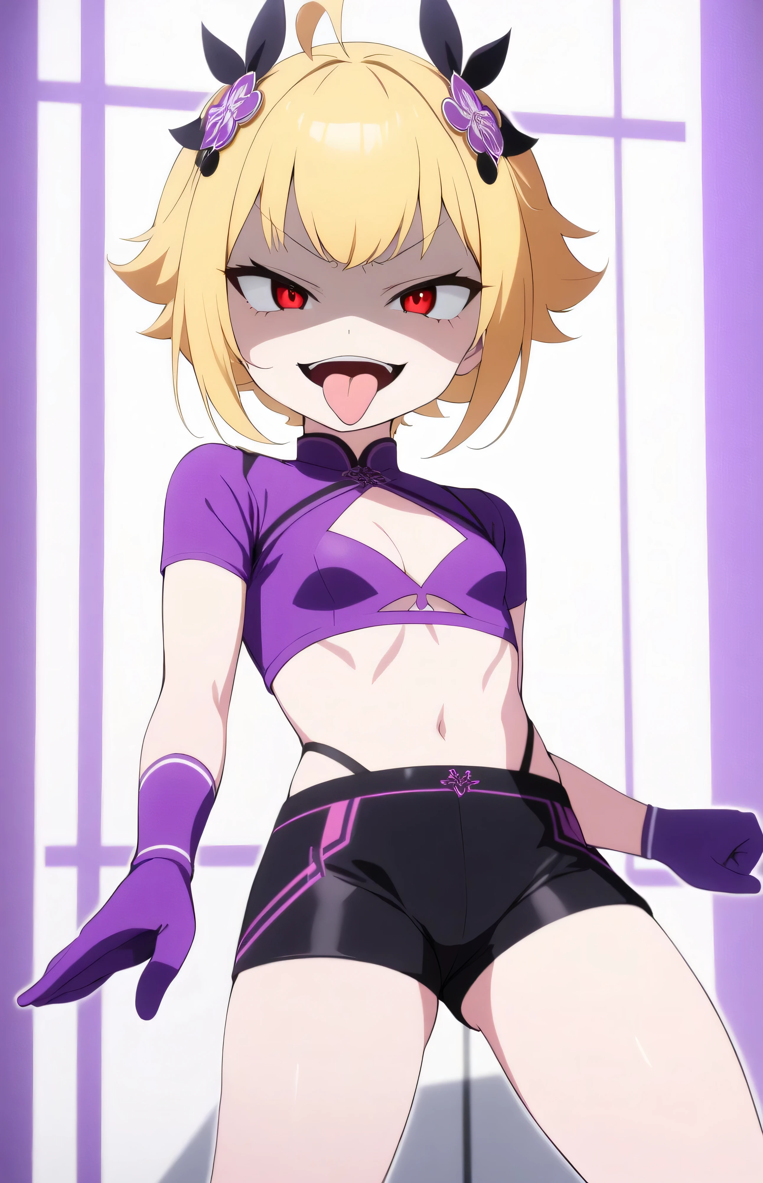 masterpiece, best quality, good quality, newest, THE, AnFit , red eyes, blonde hair, purple crop top, 1girl, tongue out, black thighhighs, looking at viewer, purple gloves, cowboy shot, short shorts, black shorts, small breasts, highleg panties, hair ornament,, underwear, hand up, panty straps,too evil smile, cleavage cutout,  open mouth, purple panties, two-tone background, pink gloves, sidelocks, outline, , feathered wings,  hip ornaments,shaded face(eyes in shadow),loli.small height,short hair,villain pose,violence, bloody church background