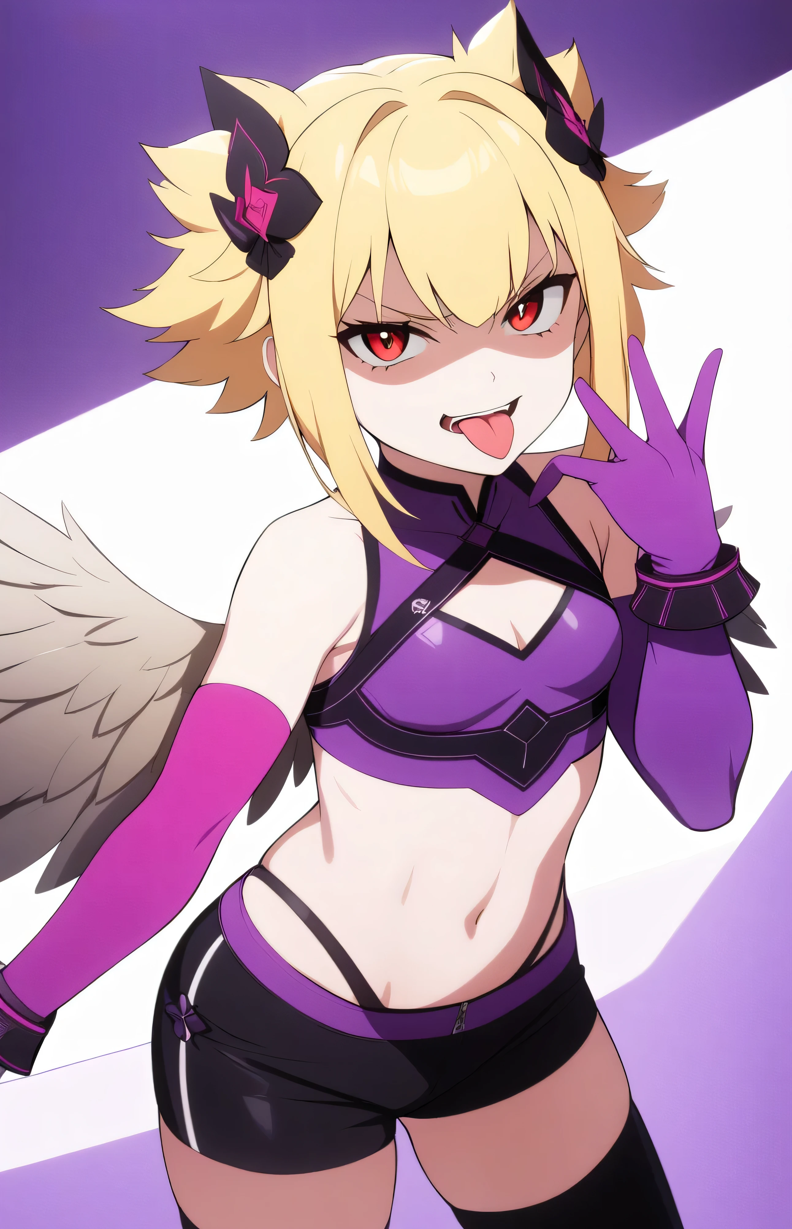 masterpiece, best quality, good quality, newest, THE, AnFit , red eyes, blonde hair, purple crop top, 1girl, tongue out, black thighhighs, looking at viewer, purple gloves, cowboy shot, short shorts, black shorts, small breasts, highleg panties, hair ornament,, underwear, hand up, panty straps,too evil smile, cleavage cutout,  open mouth, purple panties, two-tone background, pink gloves, sidelocks, outline, , feathered wings,  hip ornaments,shaded face(eyes in shadow),loli.small height,short hair,villain pose,violence, bloody church background