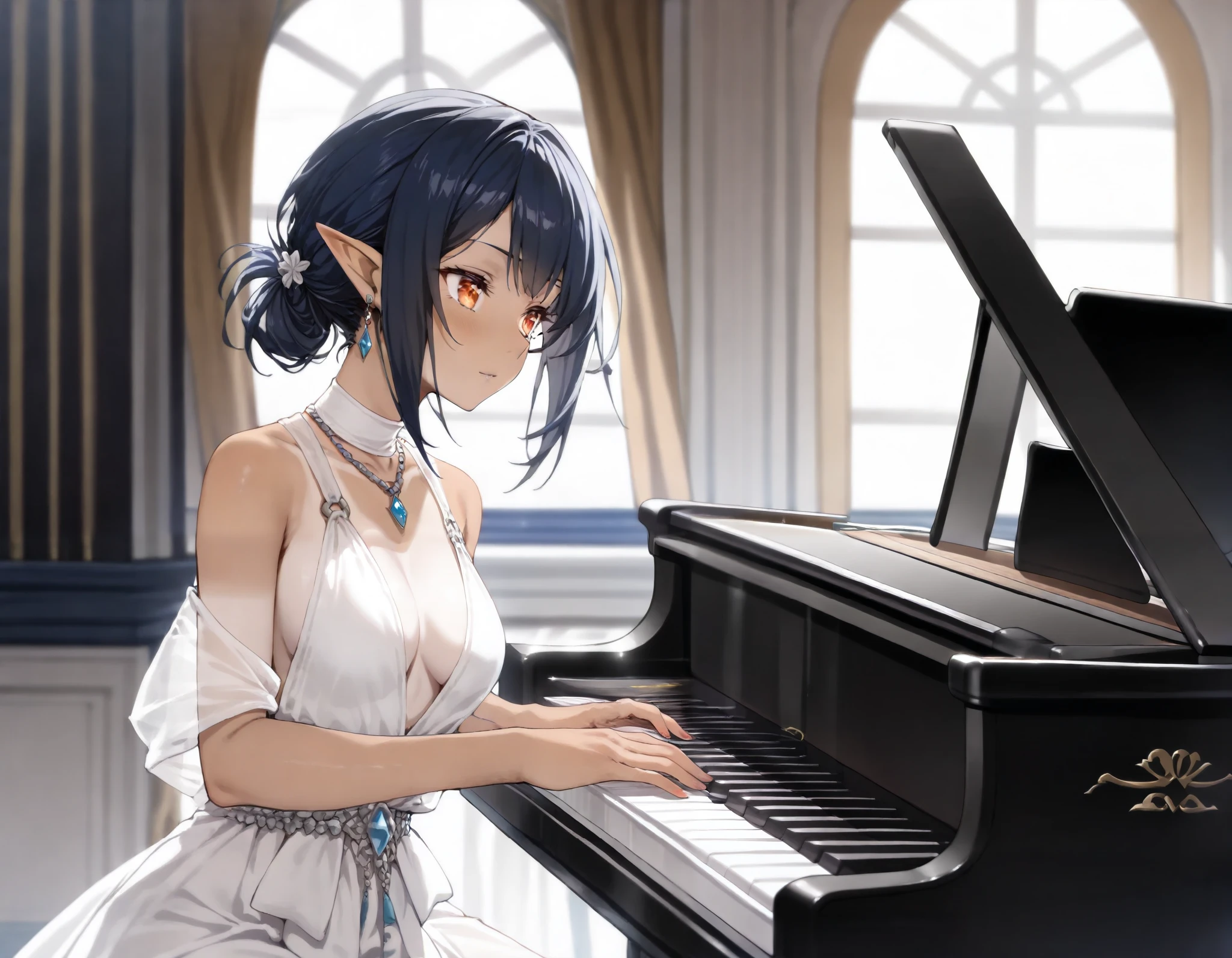 ((Best quality, 8k, Masterpiece: 1.3)), Sharp focus A beautiful woman with perfect body, Highly detailed face and skin texture, (Detailed eyes), dark blue hair, tied hair, jewelry, pointy ears, cinematic lighting, backlighting, pianist, grand piano, playing piano, Playing Beethoven's "Moonlight", concert venue, Evening gown, dress, Silk costume, Solo Performance, Quiet atmosphere, moonlight pouring in through the window, at night, tanned skin, dark skin