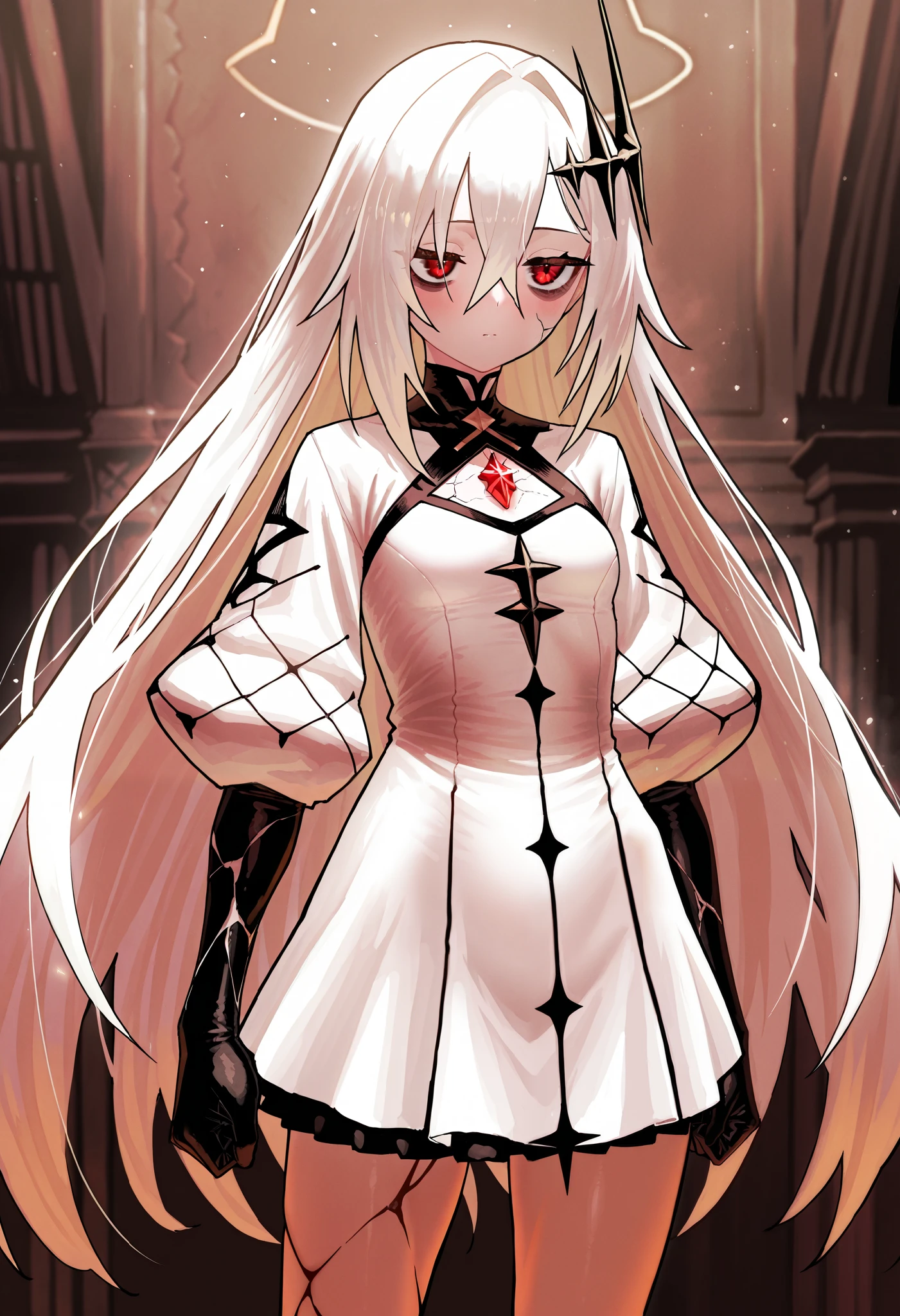 1girl, solo, ekrea jan, uriel_\(alchemy_stars)\, white hair, red eyes, white dress, chest gem, cracked skin, (bags under eyes:0.6), standing, neutral, masterpiece, best quality, amazing quality, very aesthetic, high resolution