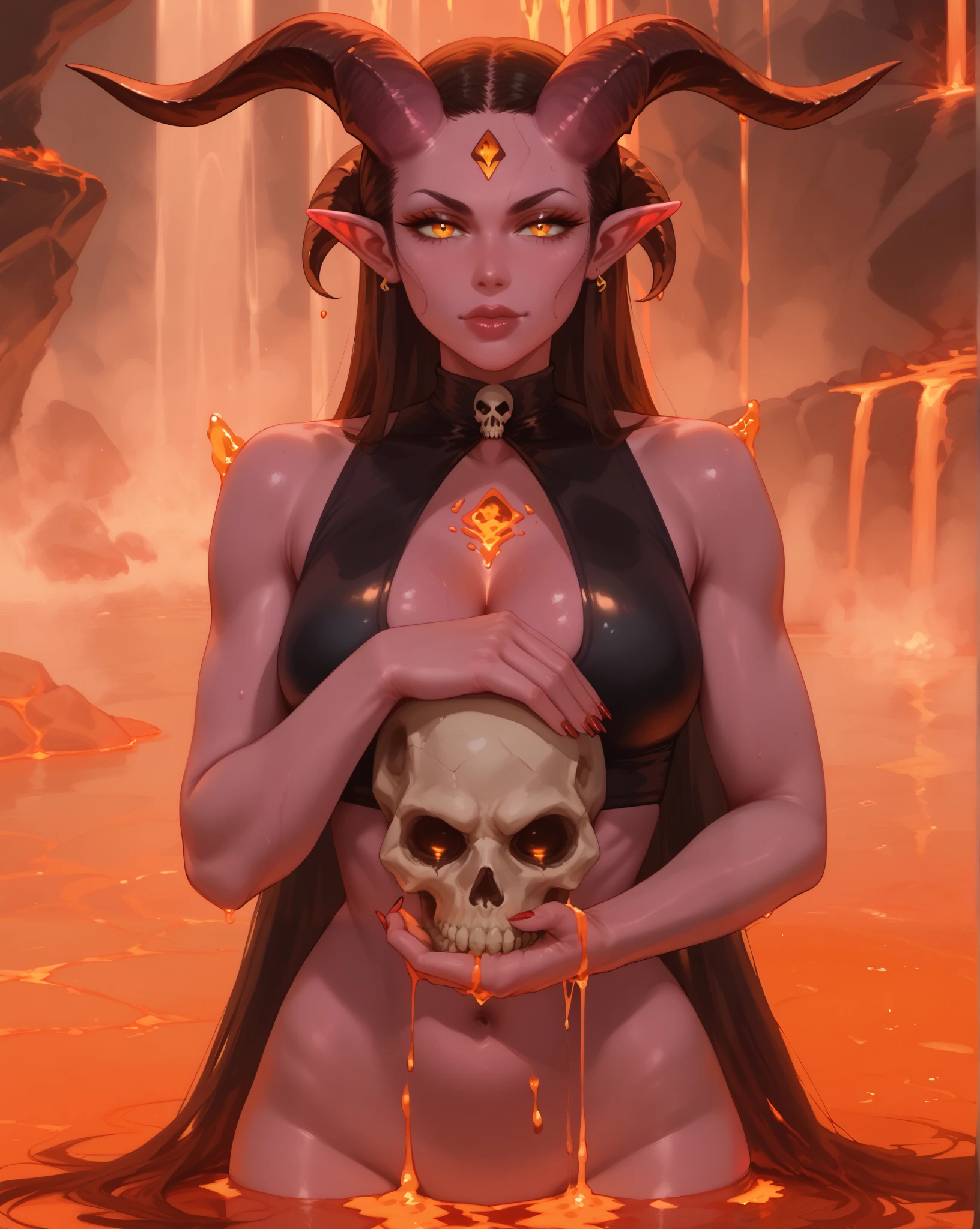 девушка demon, demon, девушка demon в лаве.  girl with a skull in her hands, lava flows from the skull ,  skull in hands , lake in lava , horns, pink skin,  tight , Pointed ears,  magic stone in the chest and forehead. Arrogant,  lava flows from the skull 