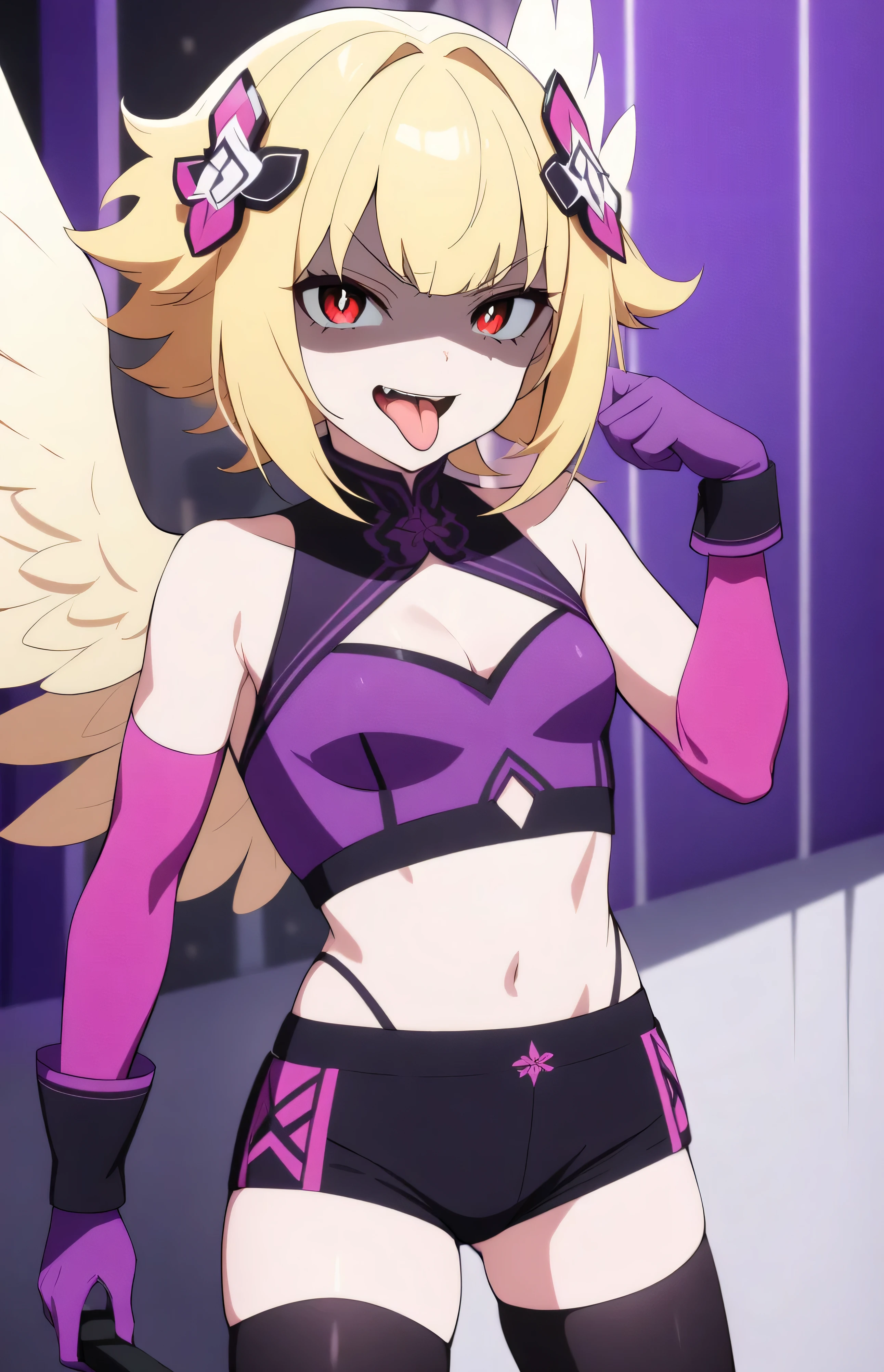 masterpiece, best quality, good quality, newest, THE, AnFit , red eyes, blonde hair, purple crop top, 1girl, tongue out, black thighhighs, looking at viewer, purple gloves, cowboy shot, short shorts, black shorts, small breasts, highleg panties, hair ornament,, underwear, hand up, panty straps,too evil smile, cleavage cutout,  open mouth, purple panties, two-tone background, pink gloves, sidelocks, outline, , feathered wings,  hip ornaments,shaded face(eyes in shadow),loli.small height,short hair,villain pose,violence, bloody church background