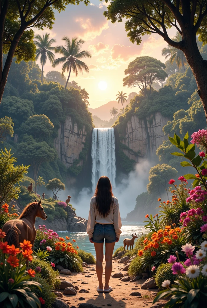 A woman standing in the center of a paradisiacal garden, looking at the horizon with an expression of curiosity and introspection. The surrounding environment is alive with vibrant flowers, peaceful animals, and a waterfall in the background. The dawn light gently touches your face, symbolizing a beginning.