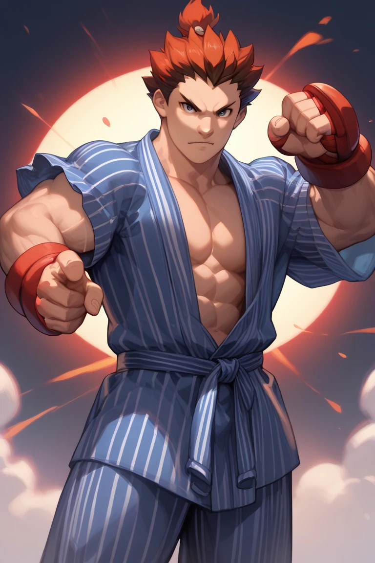 standing, adult, muscular, yukata, black yukata, akuma(street fighter), 1 man, fighting pose