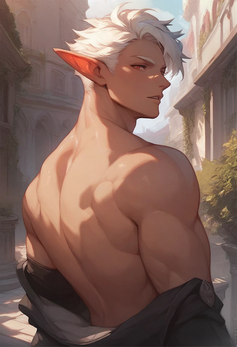 create an image of a red-eyed elf with dark skin and white hair, with the upper background of a building , wearing provocative and sexy outfits  ( male character)