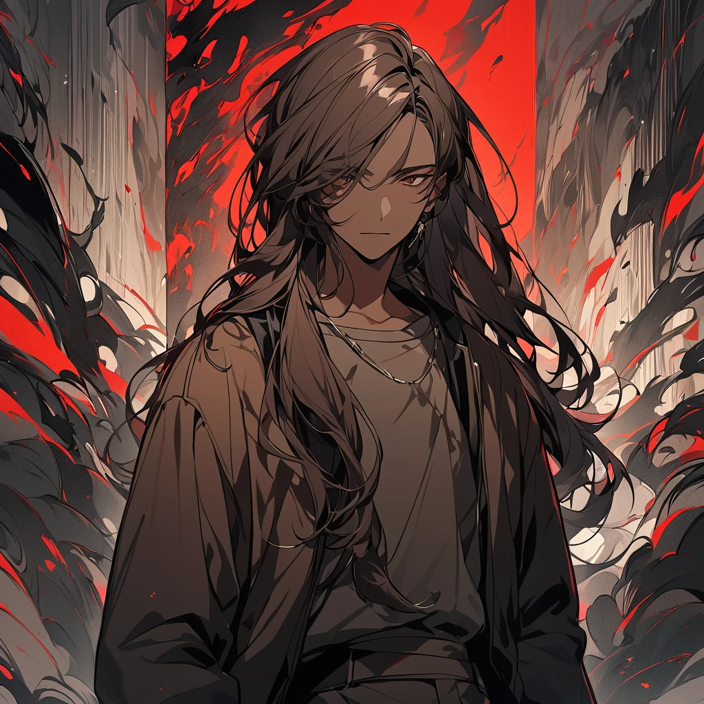 Create an artwork of a male human character with long hair blending deep red and dark brown colors. His skin should have a rich, dark brown tone. He should be dressed in a contemporary urban outfit, featuring modern and stylish elements. The character should exude a sense of confidence and charisma. The artwork should focus on smooth, detailed lines, capturing the texture of his hair and the fabric of his clothing. The background should be minimalistic to ensure the character stands out prominently."