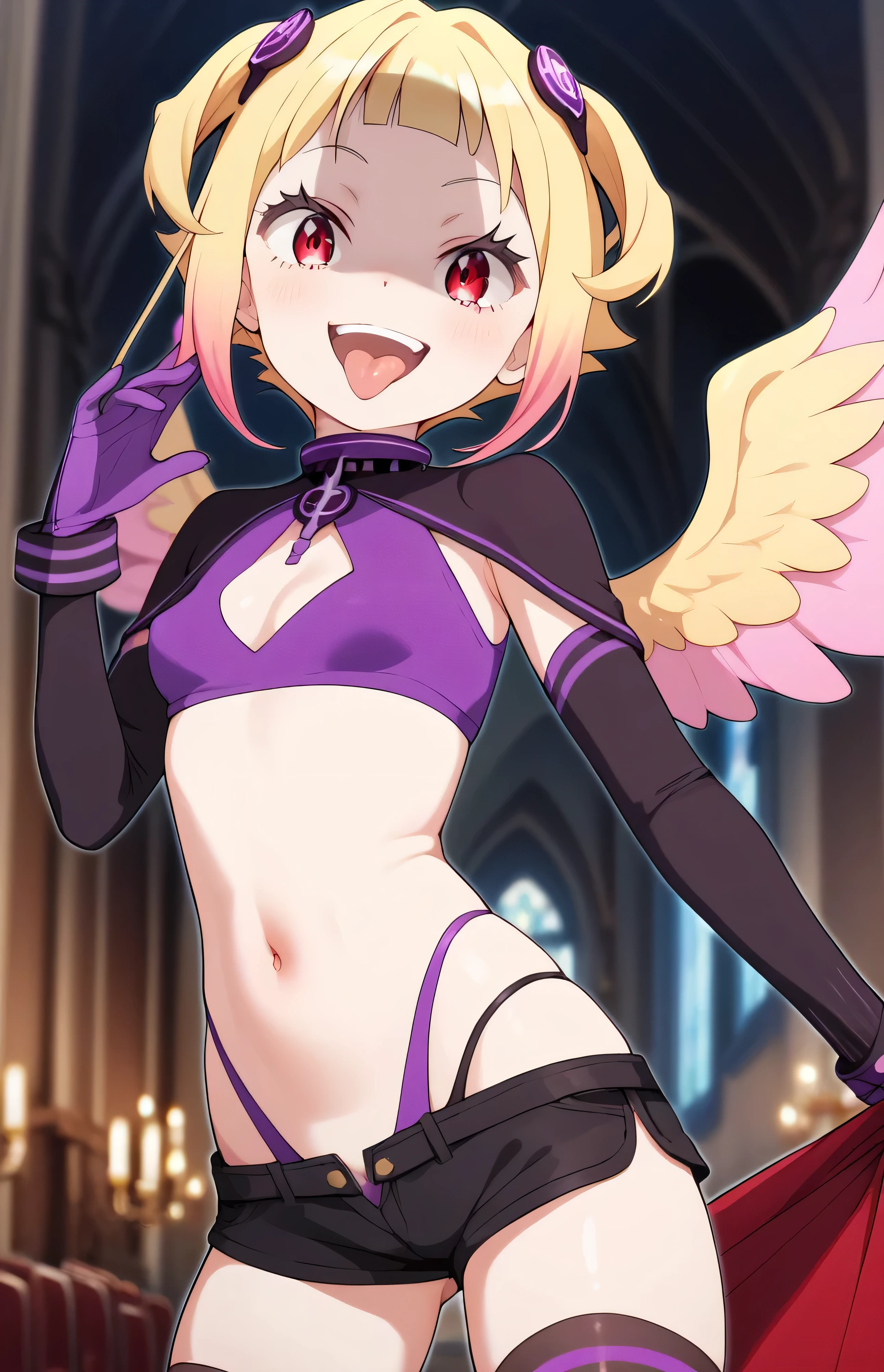 masterpiece, best quality, good quality, newest, THE, AnFit , red eyes, blonde hair, purple crop top, 1girl, tongue out, black thighhighs, looking at viewer, purple gloves, cowboy shot, short shorts, black shorts, small breasts, highleg panties, hair ornament,, underwear, hand up, panty straps,too evil smile, cleavage cutout,  open mouth, purple panties, two-tone background, pink gloves, sidelocks, outline, , feathered wings,  hip ornaments,shaded face(eyes in shadow),loli.small height,short hair,villain pose,violence, bloody church background