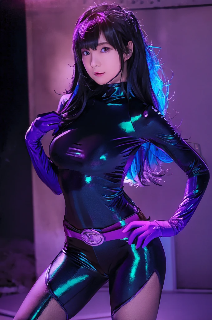 An animado-style artwork depicting ruan mei from the game Honkai star rail. Etiquetas: ruan mei, animado, ojos detallados, labios detallados, (black spider man costume), smiling expression, mirada intensa, emblema resplandeciente en la mano, dynamic pose, parado en el edificio por la noche, colores vibrantes, Arte digital, high resolution, calidad profesional, pechos gigantes, (debajo del pecho : 1.4), curvas, tiro de vaquero, (pechos gigantes: 1.4), ojos verdes, (Light brown hair), curvas, tiro de vaquero, (pechos gigantes: 1.4), (violet eyes: 1.4), (Purplish blue hair: 1.4), curvas , (gran trasero : 1.4), (tope de burbuja : 1.4), , vista trasera