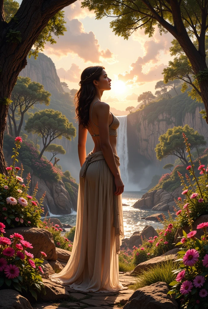 A woman standing, scantily clad, in the center of a paradisiacal garden, looking at the horizon with an expression of curiosity and introspection. The surrounding environment is alive with vibrant flowers, peaceful animals, and a waterfall in the background. The dawn light gently touches your face, symbolizing a beginning. Biblical image