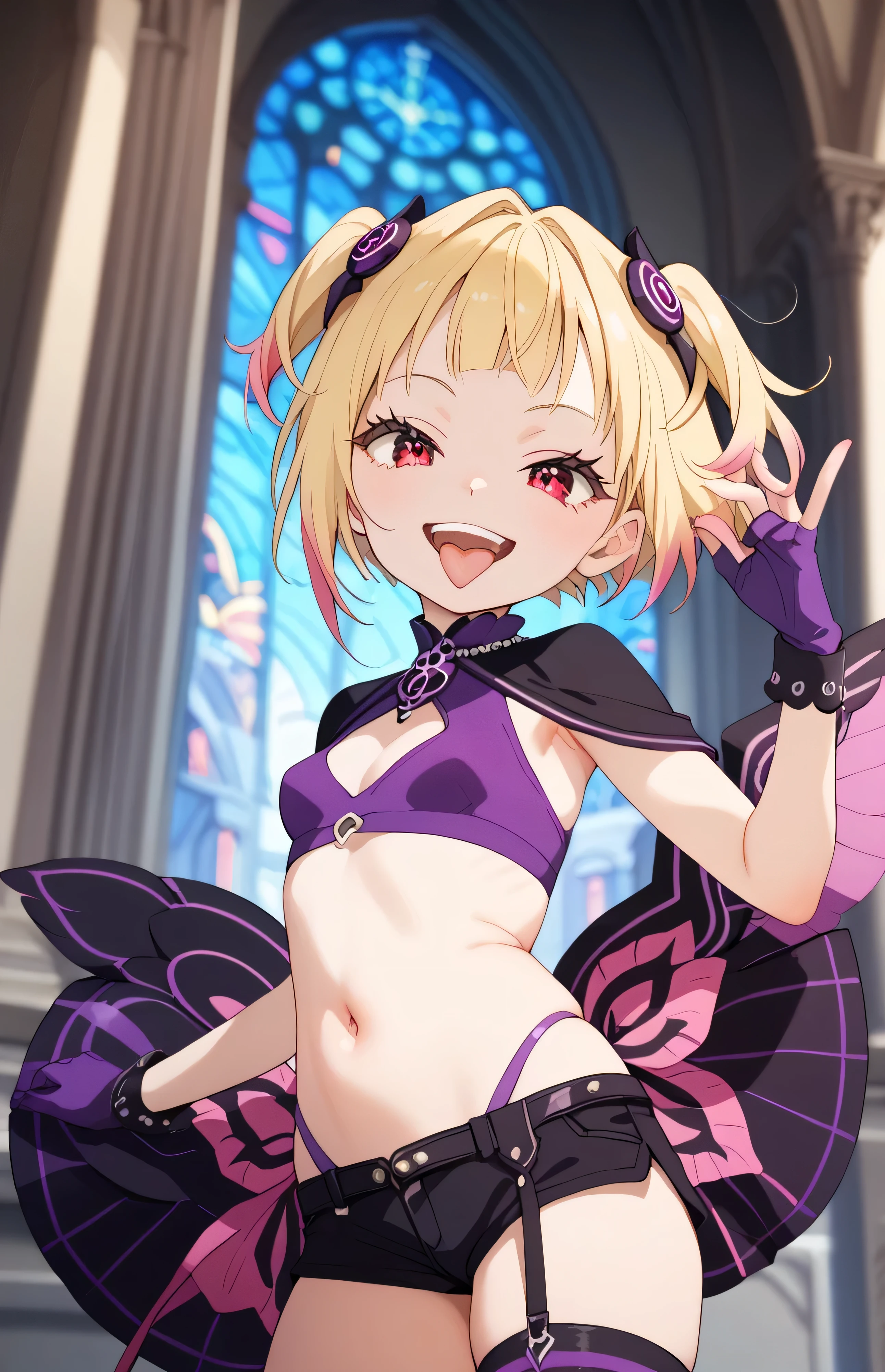 masterpiece, best quality, good quality, newest, THE, AnFit , red eyes, blonde hair, purple crop top, 1girl, tongue out, black thighhighs, looking at viewer, purple gloves, cowboy shot, short shorts, black shorts, small breasts, highleg panties, hair ornament,, underwear, hand up, panty straps,too evil smile, cleavage cutout,  open mouth, purple panties, two-tone background, pink gloves, sidelocks, outline, , feathered wings,  hip ornaments,shaded face(eyes in shadow),loli.small height,short hair,villain pose,violence, bloody church background