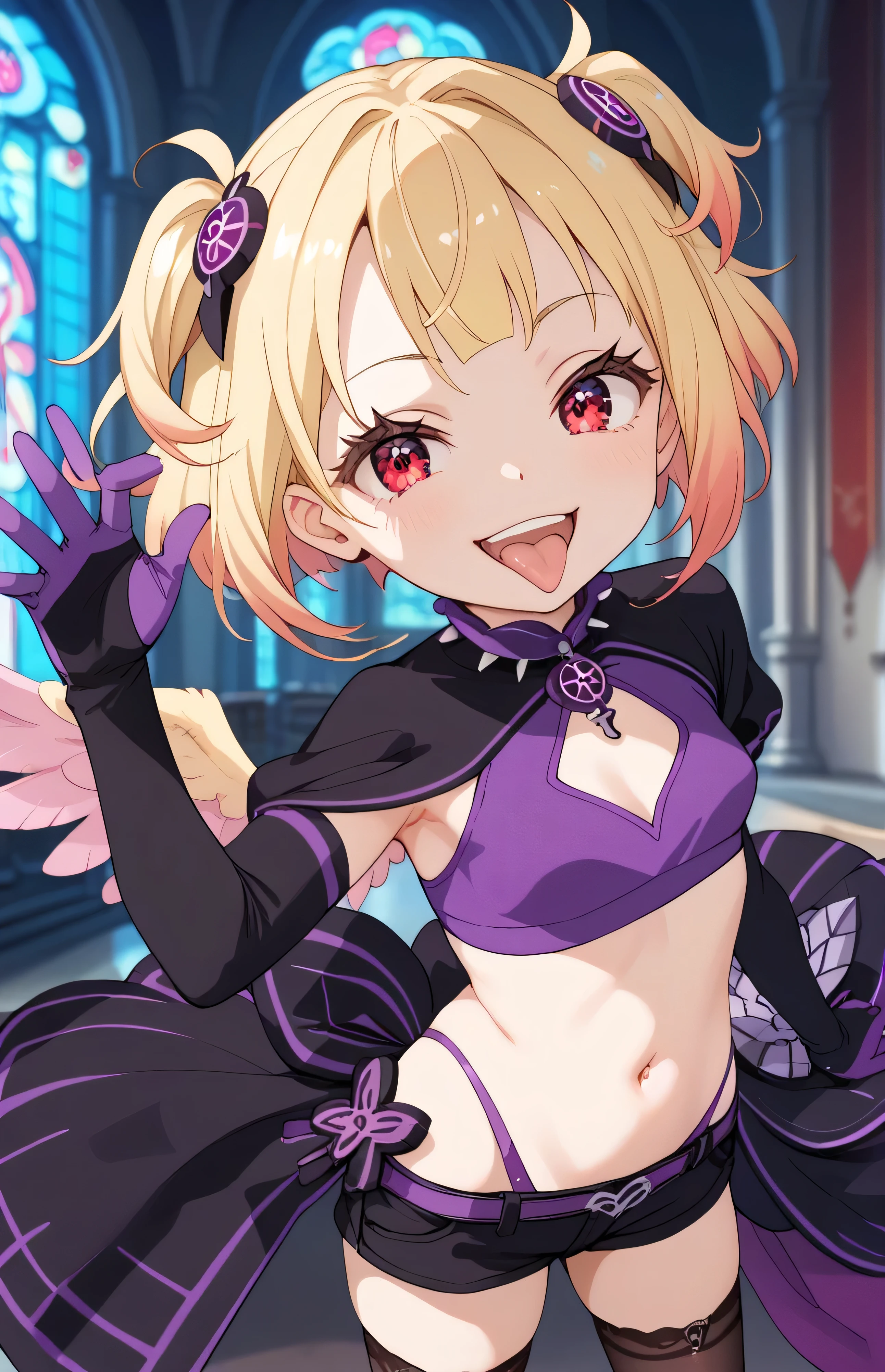 masterpiece, best quality, good quality, newest, THE, AnFit , red eyes, blonde hair, purple crop top, 1girl, tongue out, black thighhighs, looking at viewer, purple gloves, cowboy shot, short shorts, black shorts, small breasts, highleg panties, hair ornament,, underwear, hand up, panty straps,too evil smile, cleavage cutout,  open mouth, purple panties, two-tone background, pink gloves, sidelocks, outline, , feathered wings,  hip ornaments,shaded face(eyes in shadow),loli.small height,short hair,villain pose,violence, bloody church background