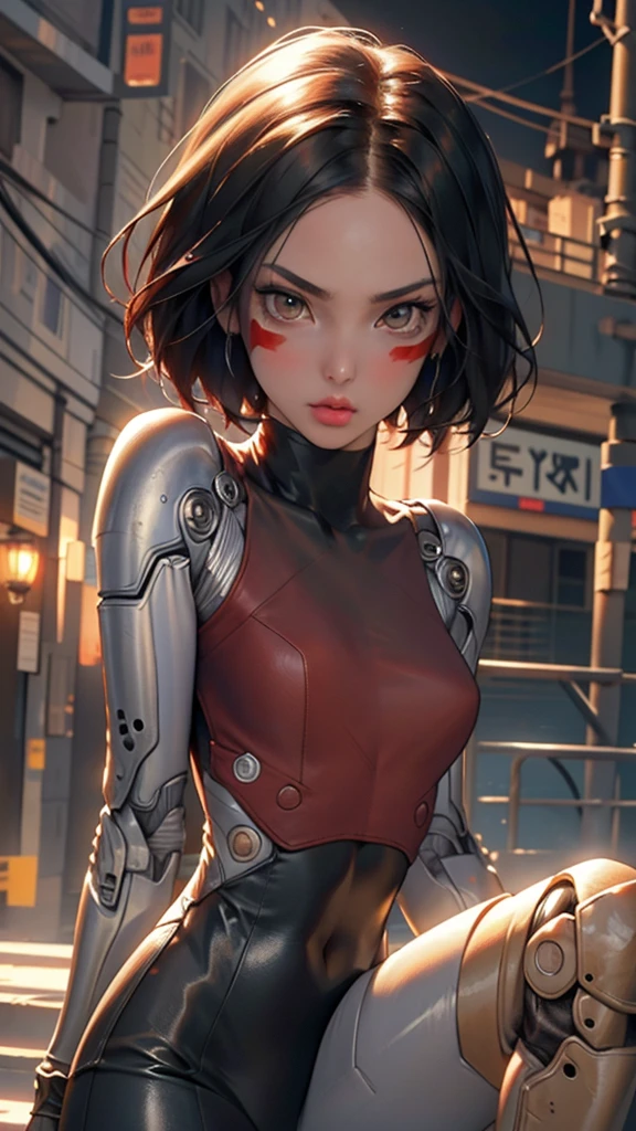  1 girl, (masterpiece:1.3),  high res), (8k), ( extremely detailed), (4K), ( pixib), perfect face,  lovely eyes and face , ( top quality ), ( super detailed ),  detailed faces and eyes, (Alone),  textured skin ,  absurd,  high res, you can, red pigment , Bare shoulders, Mechanical Arm,(Mechanical Hand:1.1),  robot , Facial markings, ( bodysuit), (underpants) , cyberpunk,  brown eyes,  black hair,  short hair,  viewers, dynamic pose、Dance performance, City lights, Cityscape,