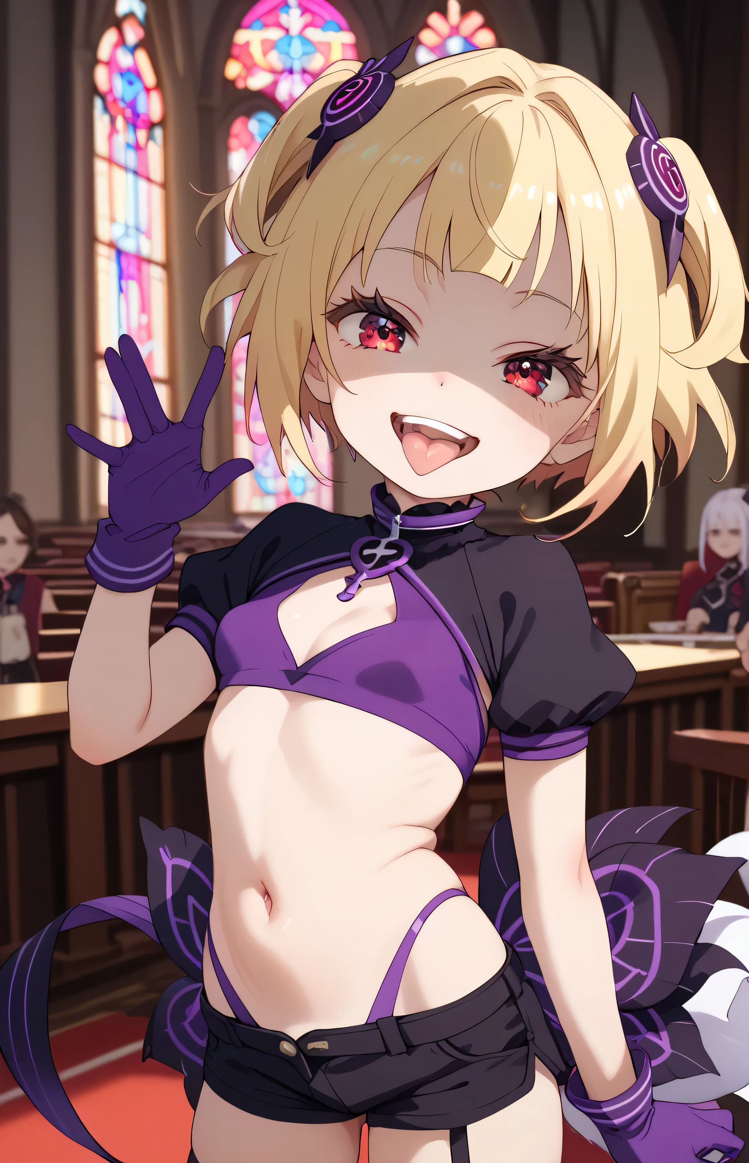 masterpiece, best quality, good quality, newest, THE, AnFit , red eyes, blonde hair, purple crop top, 1girl, tongue out, black thighhighs, looking at viewer, purple gloves, cowboy shot, short shorts, black shorts, small breasts, highleg panties, hair ornament,, underwear, hand up, panty straps,too evil smile, cleavage cutout, open mouth, purple panties, two-tone background, pink gloves, sidelocks, outline, , feathered wings, hip ornaments,shaded face(eyes in shadow),li.small height,short hair,villain pose,violence, bloody church background
