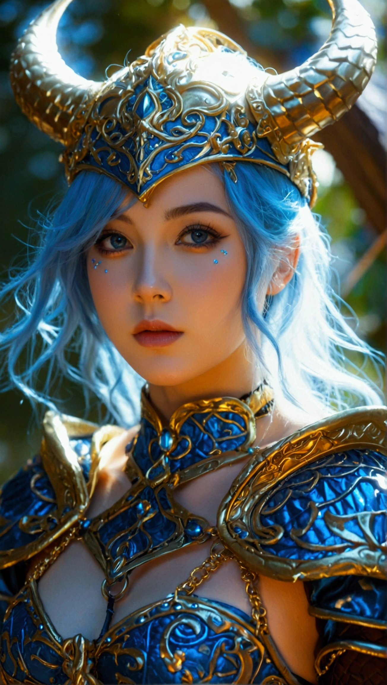 20 years old young girl with blue and white hair , long flowing blue hair, very long wavy azure blue hair, long blue hair, beautiful woman with blue hair, flowing blue hair, beautiful blue haired girl, pretty girl with blue hair, long azure blue hair, blue long hair, very long blue hair, girl with blue hair, blue hairstyle,, tall,height 180 cm, weight 45 kg, beautiful, athletic figure, medium round breasts , green eyes,(best quality, 4k, 8k, high definition), ultra detail, detailed face and facial features, beautiful detailed eyes, beautiful detailed lips, extremely detailed eyes and face, long eyelashes, graceful triangular face, classic lip shape, small graceful nose, super realistic She is dressed in a fierce, anime-inspired outfit—a red and black dragon warrior costume with a dragon-scale pattern on the bodysuit. The costume features a deep V-neck and is adorned with gold accents. She wears black thigh-high boots with red flames at the top, and a golden dragon sword is strapped to her back. She poses with her sword raised high, her body slightly turned to show off her athletic figure. The morning light gleams off her outfit, with the oak tree and distant mountains creating a powerful, dynamic scene.