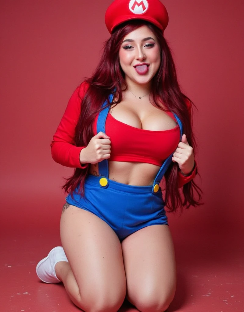 Diana Zambrozuski, Mario Bros cosplay, cleavage, neckline, above view, squeezing breasts, kneeling on the floor, above view, slavery position, submissive position, looking for the viewer, mouth opened with tongue out, showing tongue, 