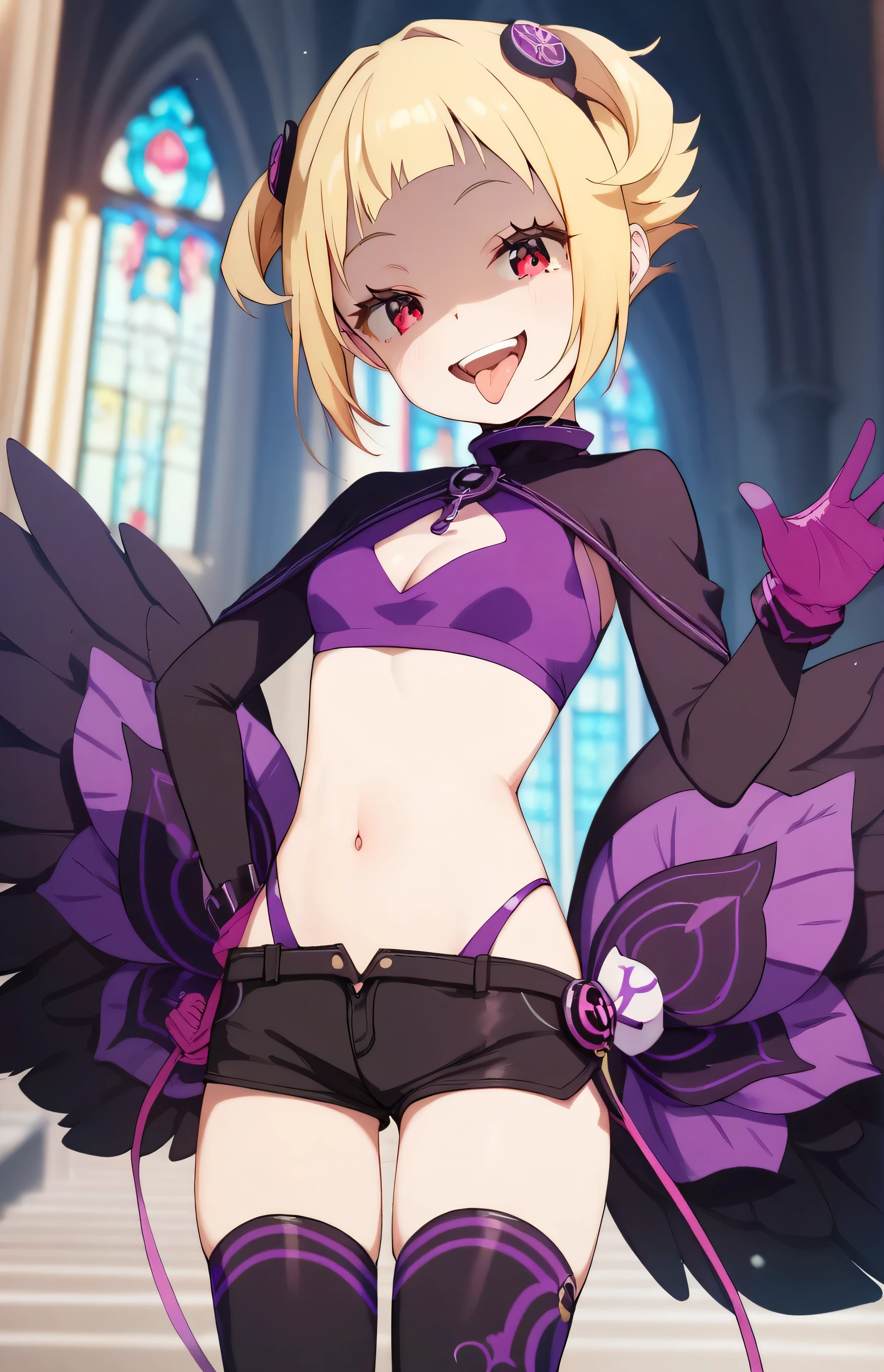 masterpiece, best quality, good quality, newest, THE, AnFit , red eyes, blonde hair, purple crop top, 1girl, tongue out, black thighhighs, looking at viewer, purple gloves, cowboy shot, short shorts, black shorts, small breasts, highleg panties, hair ornament,, underwear, hand up, panty straps,too evil smile, cleavage cutout,  open mouth, purple panties, two-tone background, pink gloves, sidelocks, outline, , feathered wings,  hip ornaments,shaded face(eyes in shadow),loli.small height,short hair,villain pose,violence, bloody church background